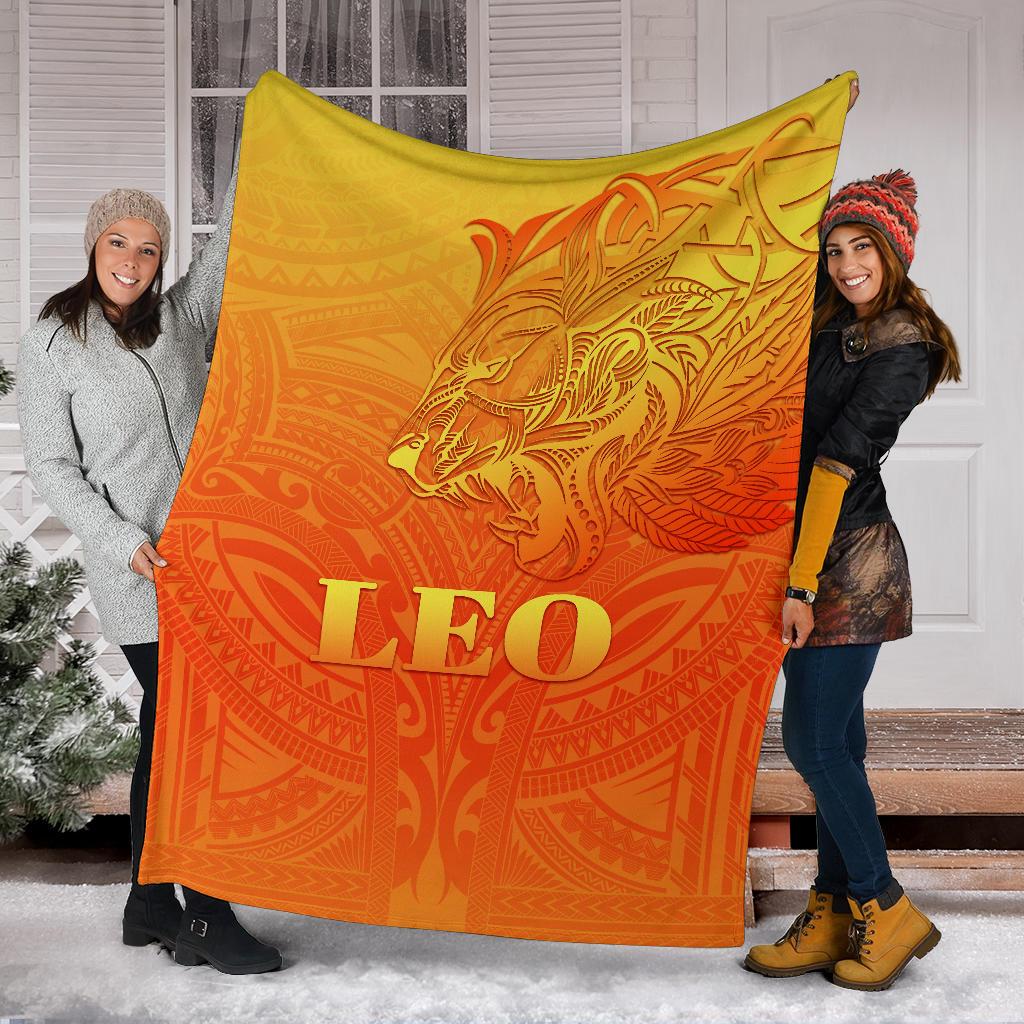 Sun In Leo Zodiac Premium Blanket Polynesian Tattoo Simple - Orange - Vibe Hoodie Shop