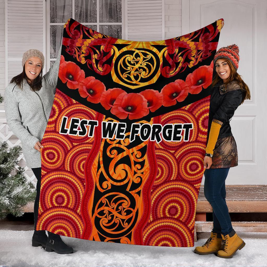 ANZAC Lest We Forget Poppy Premium Blanket New Zealand Maori Silver Fern - Australia Aboriginal - Vibe Hoodie Shop