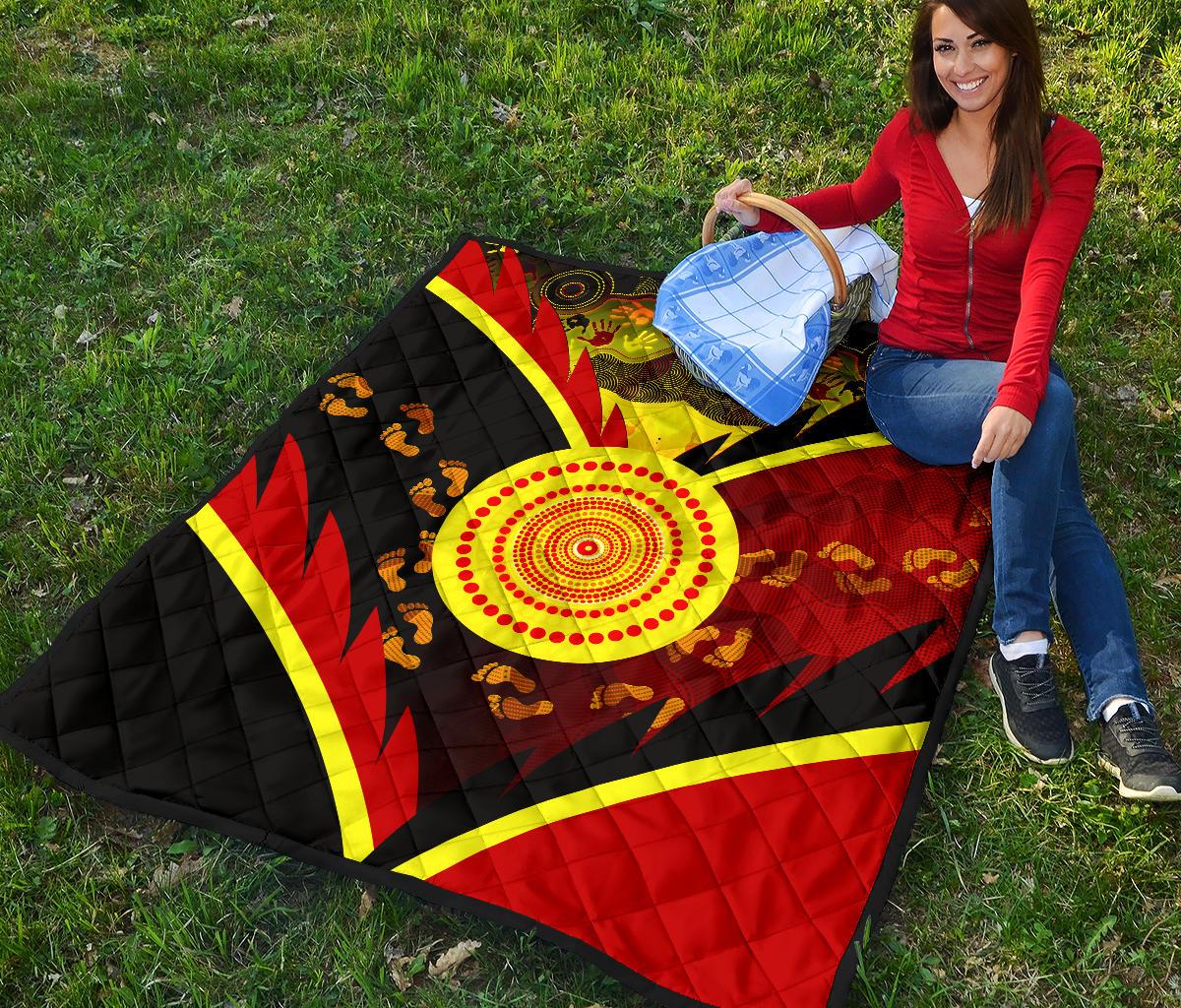 Aboriginal Premium Quilt - Indigenous Flag With Footprint Hand Art - Vibe Hoodie Shop