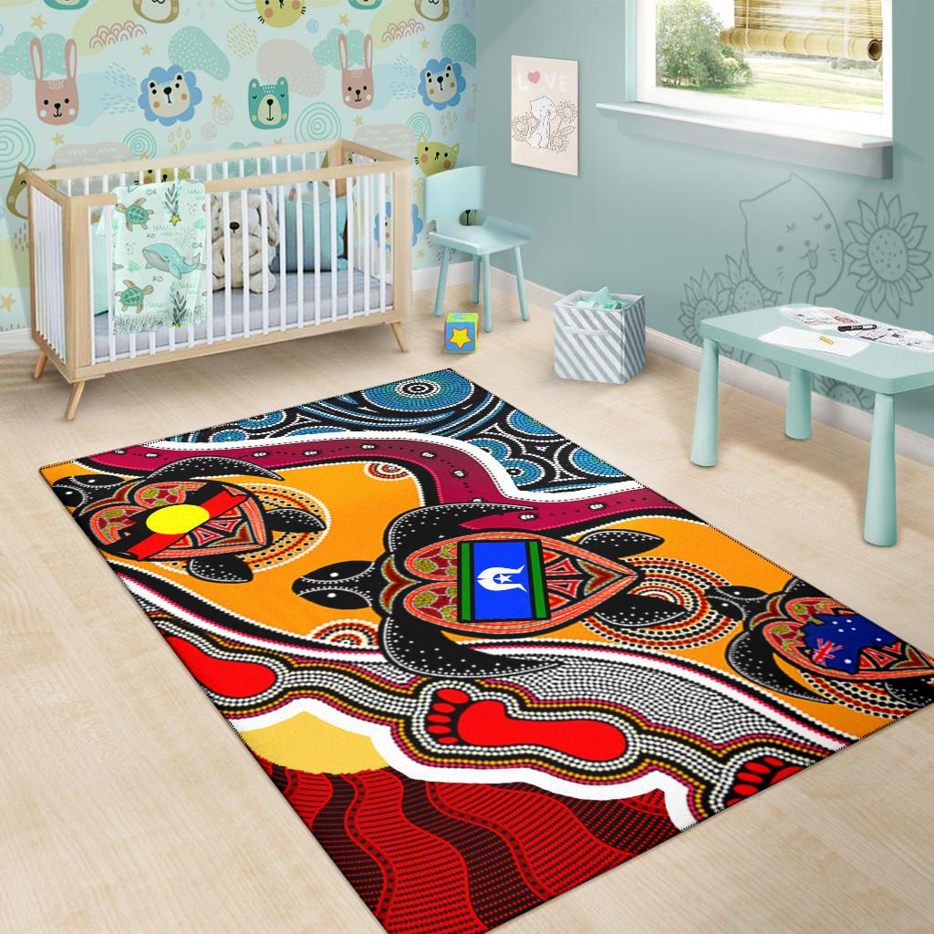 Area Rug - Australia Aboriginal Dots With Turtle and NAIDOC Flags - Vibe Hoodie Shop