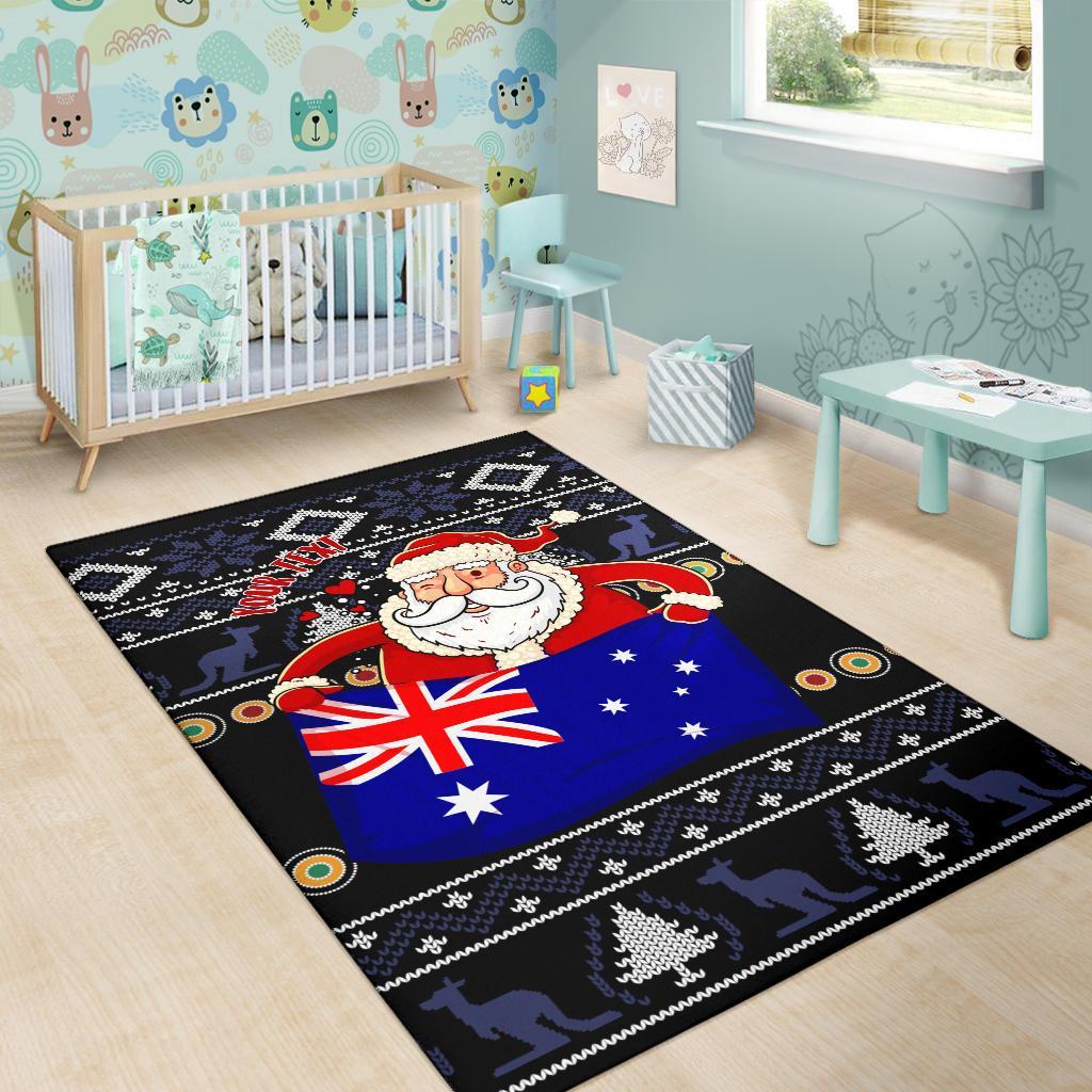 Christmas Personalised Area Rug - Australia Santa Claus Hold The Flag (Black) - Vibe Hoodie Shop