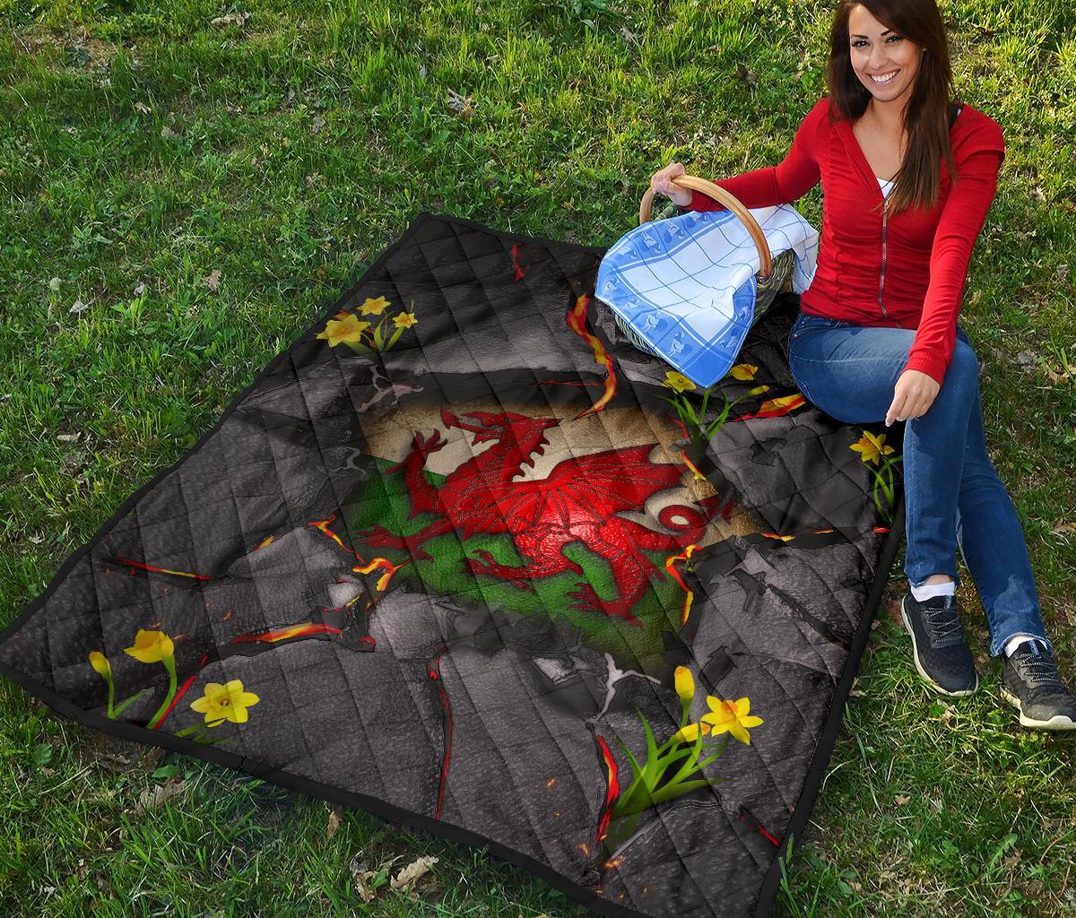 Wales Premium Quilt - Welsh Dragon Daffodil Lava - Vibe Hoodie Shop