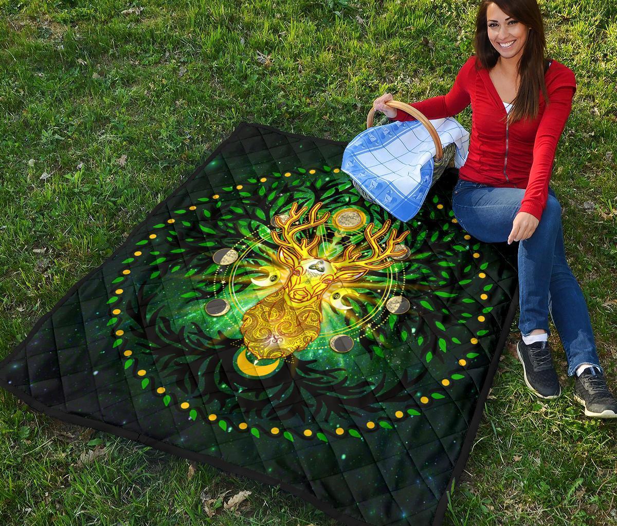 Celtic Pagan Deer Premium Quilt - Moon Phases Deer with Tree of Life - Vibe Hoodie Shop