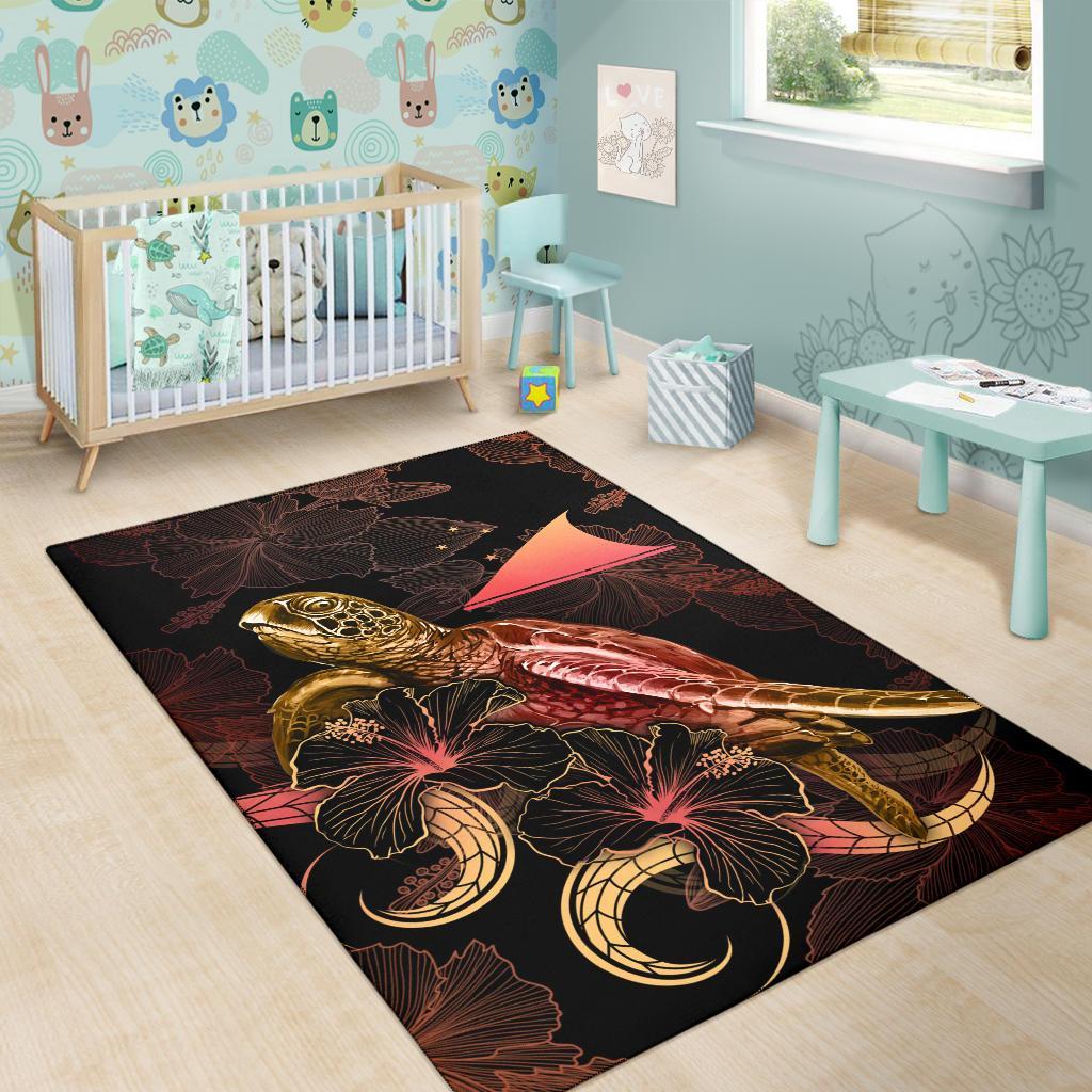 Tokelau Polynesian Area Rugs - Turtle With Blooming Hibiscus Gold - Vibe Hoodie Shop