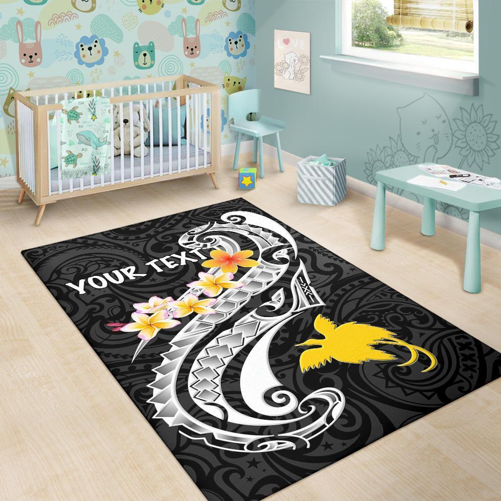 Papua New Guinea Custom Personalised Area Rug - PNG Seal Polynesian Patterns Plumeria (Black) - Vibe Hoodie Shop