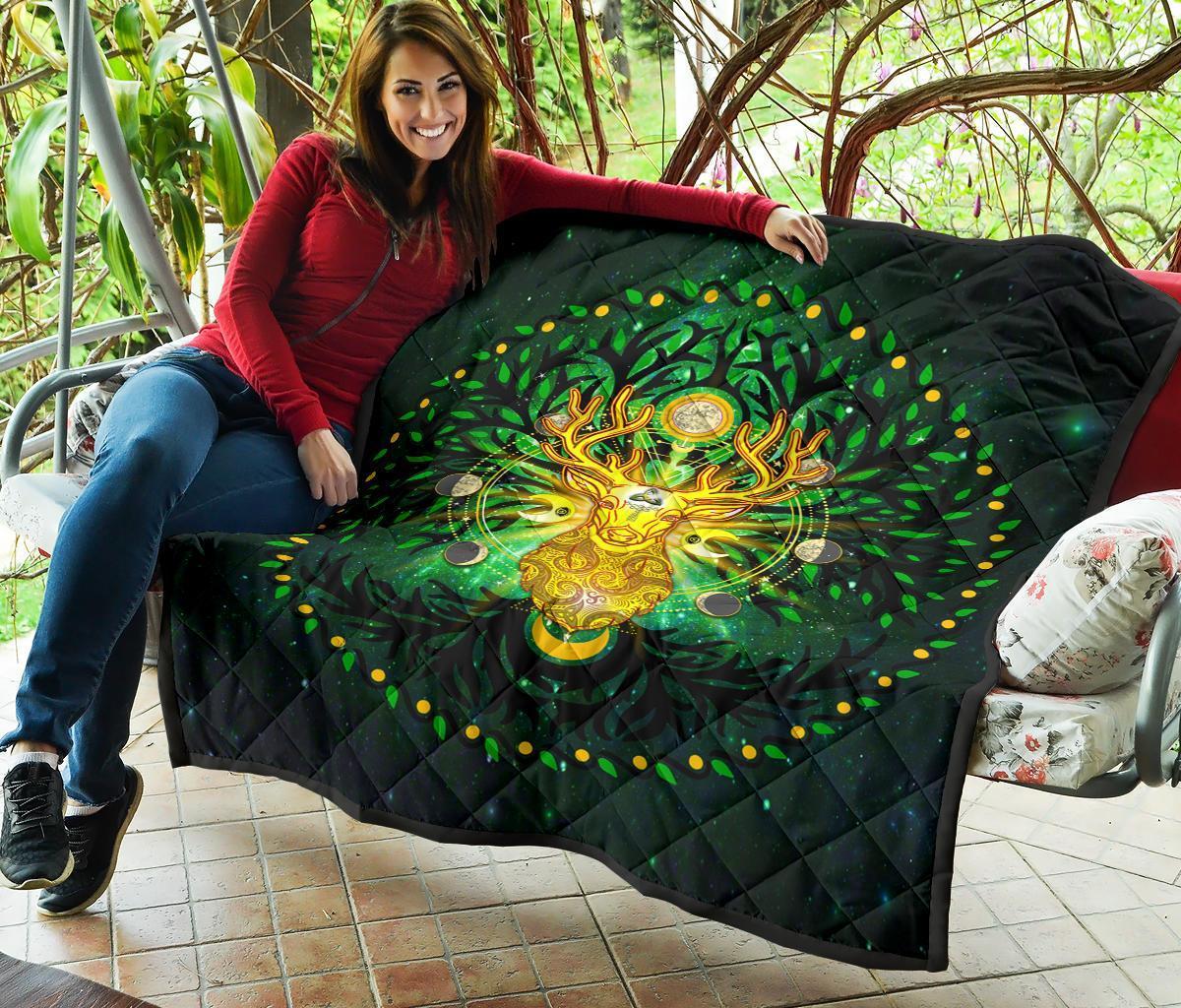 Celtic Pagan Deer Premium Quilt - Moon Phases Deer with Tree of Life - Vibe Hoodie Shop