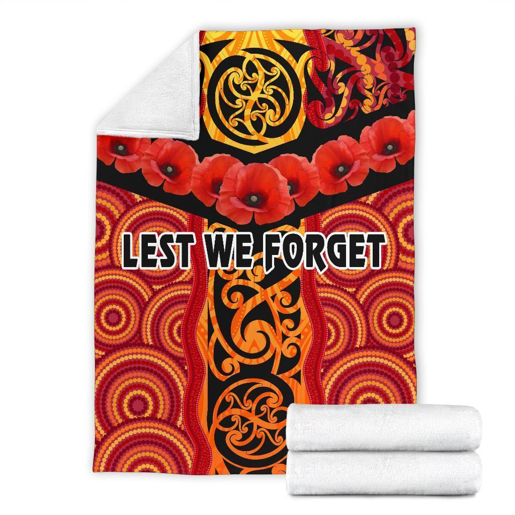 ANZAC Lest We Forget Poppy Premium Blanket New Zealand Maori Silver Fern - Australia Aboriginal - Vibe Hoodie Shop