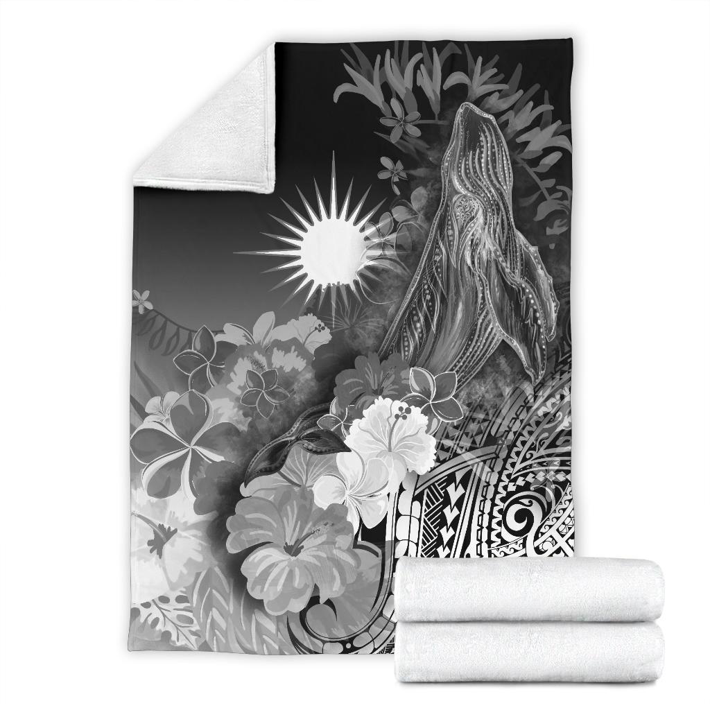 Marshall Islands Premium Blanket - Humpback Whale with Tropical Flowers (White) - Vibe Hoodie Shop