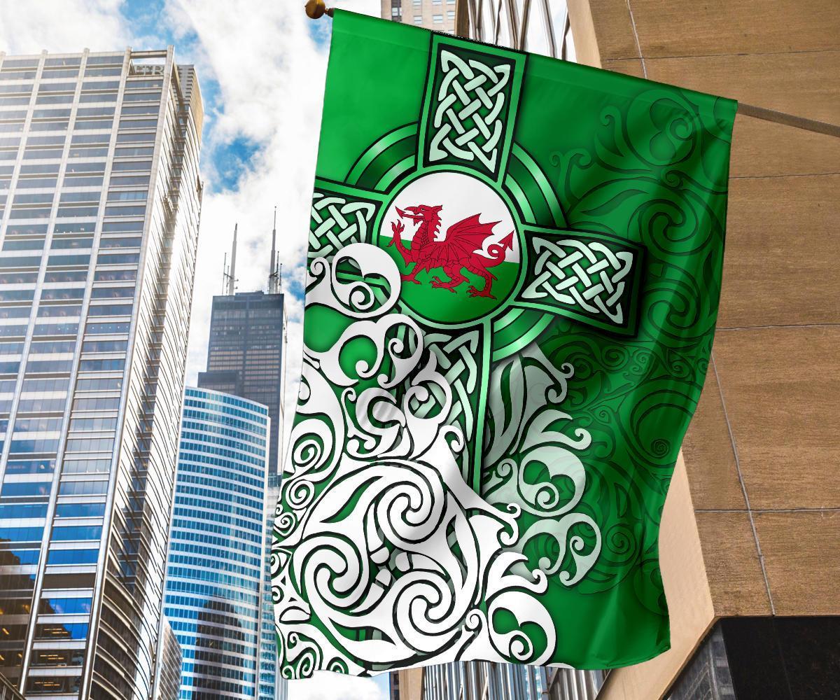 Wales Celtic Flag - Welsh Dragon Flag with Celtic Cross (Green) - Vibe Hoodie Shop