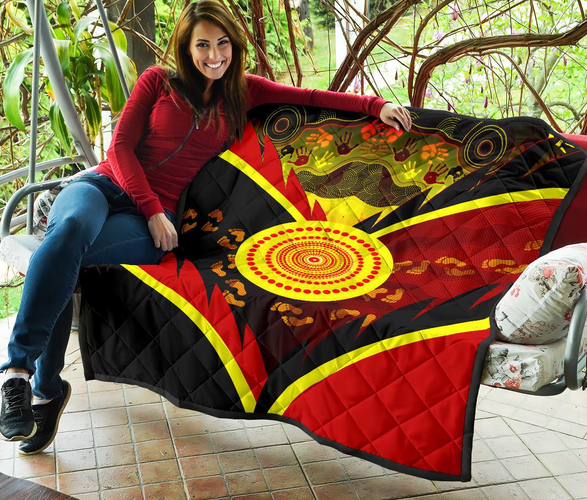 Aboriginal Premium Quilt - Indigenous Flag With Footprint Hand Art - Vibe Hoodie Shop