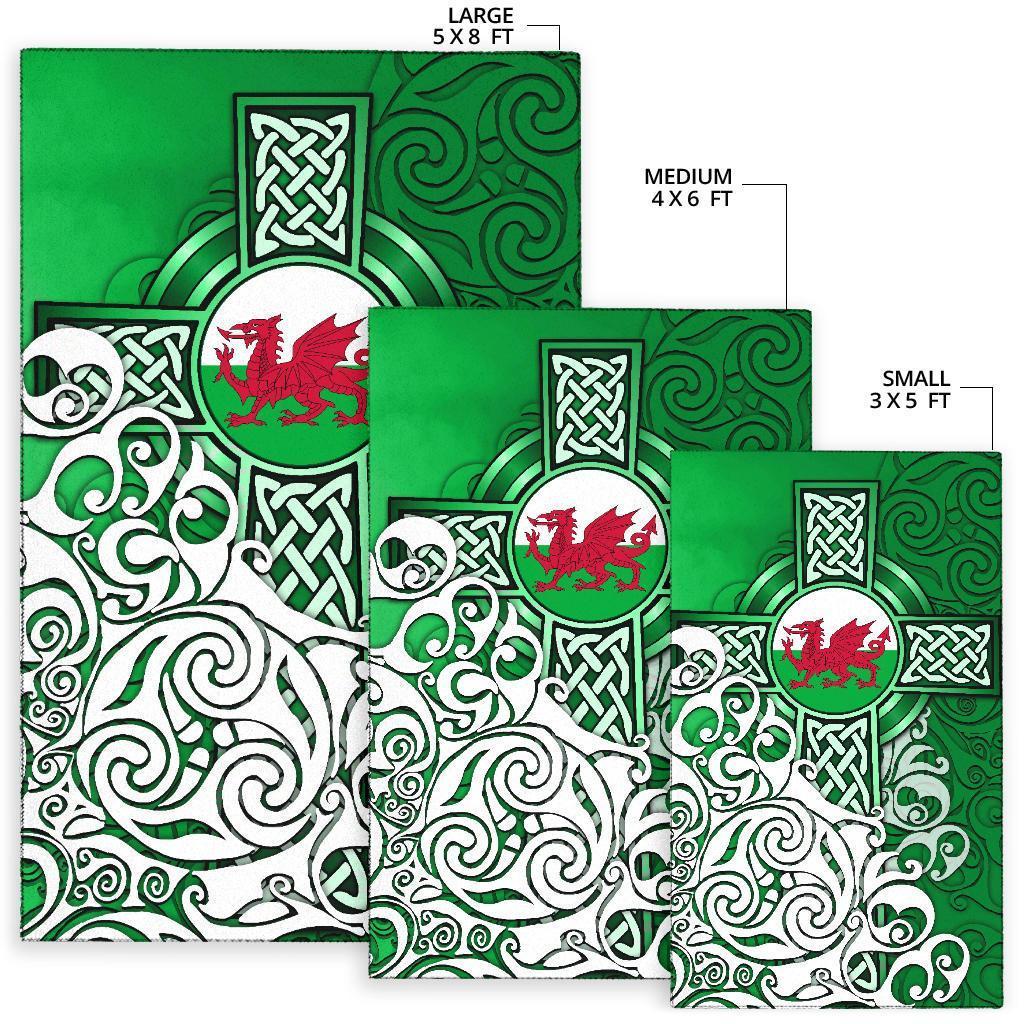 Wales Celtic Area Rug - Welsh Dragon Flag with Celtic Cross (Green) - Vibe Hoodie Shop