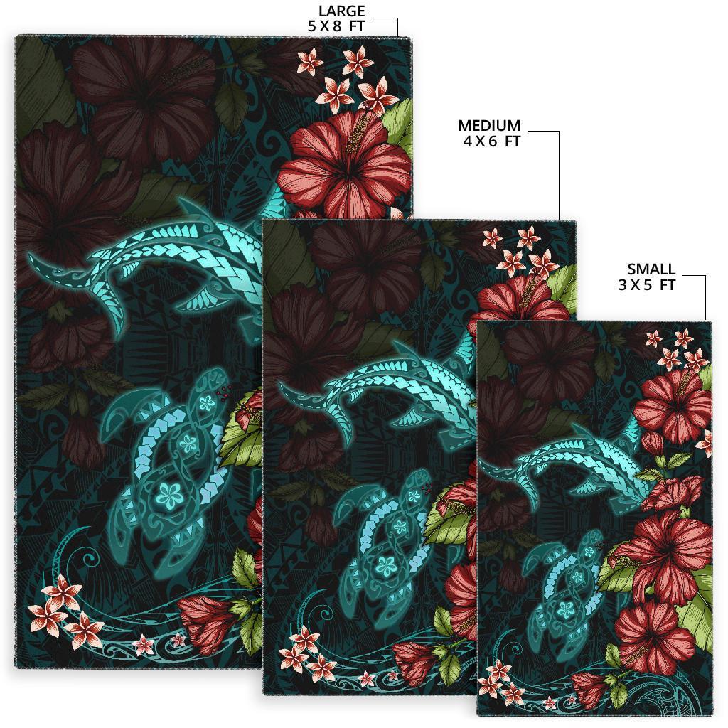 Polynesian Area Rug Turtle And Shark - Hibiscus Turquoise - Vibe Hoodie Shop