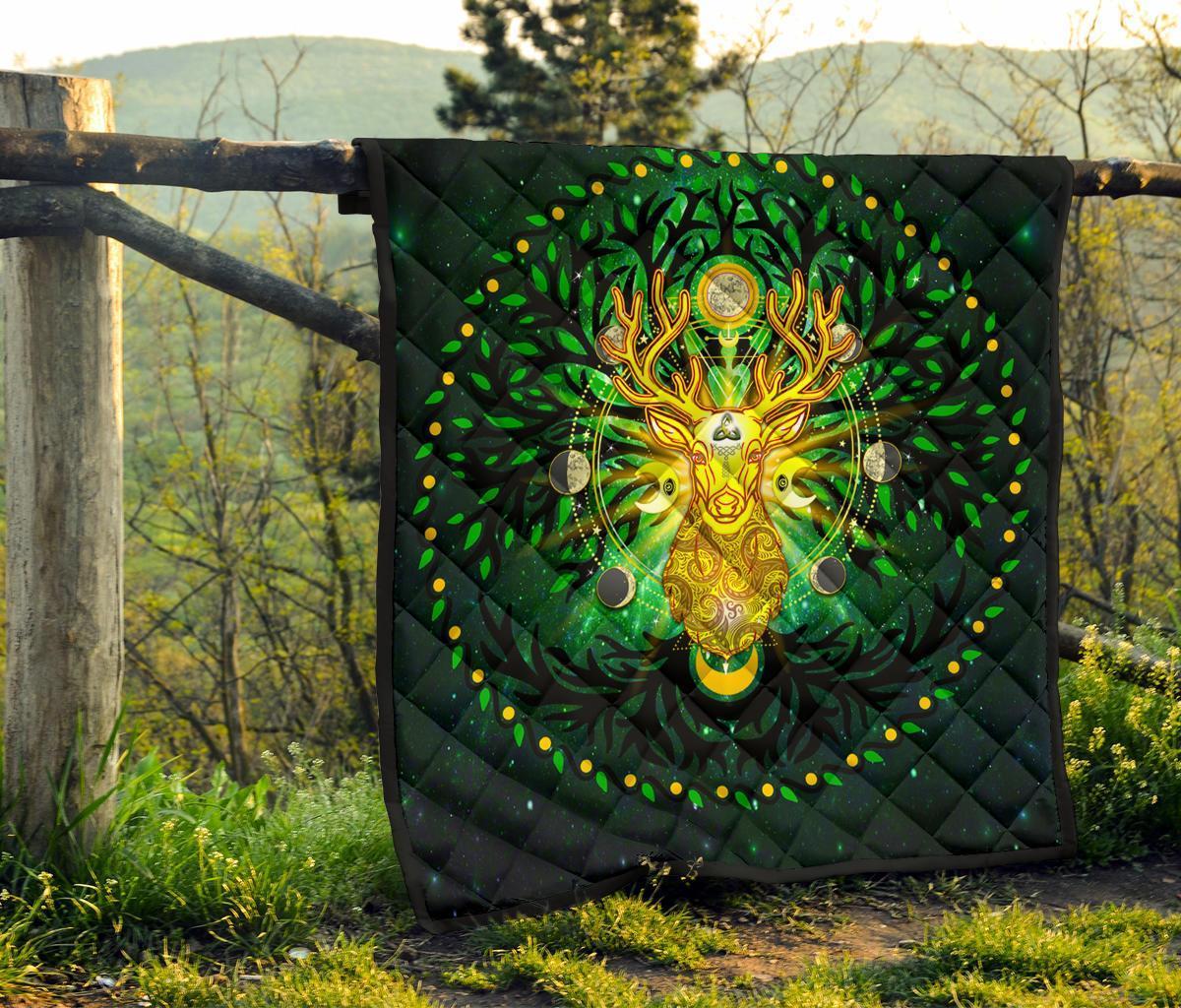 Celtic Pagan Deer Premium Quilt - Moon Phases Deer with Tree of Life - Vibe Hoodie Shop