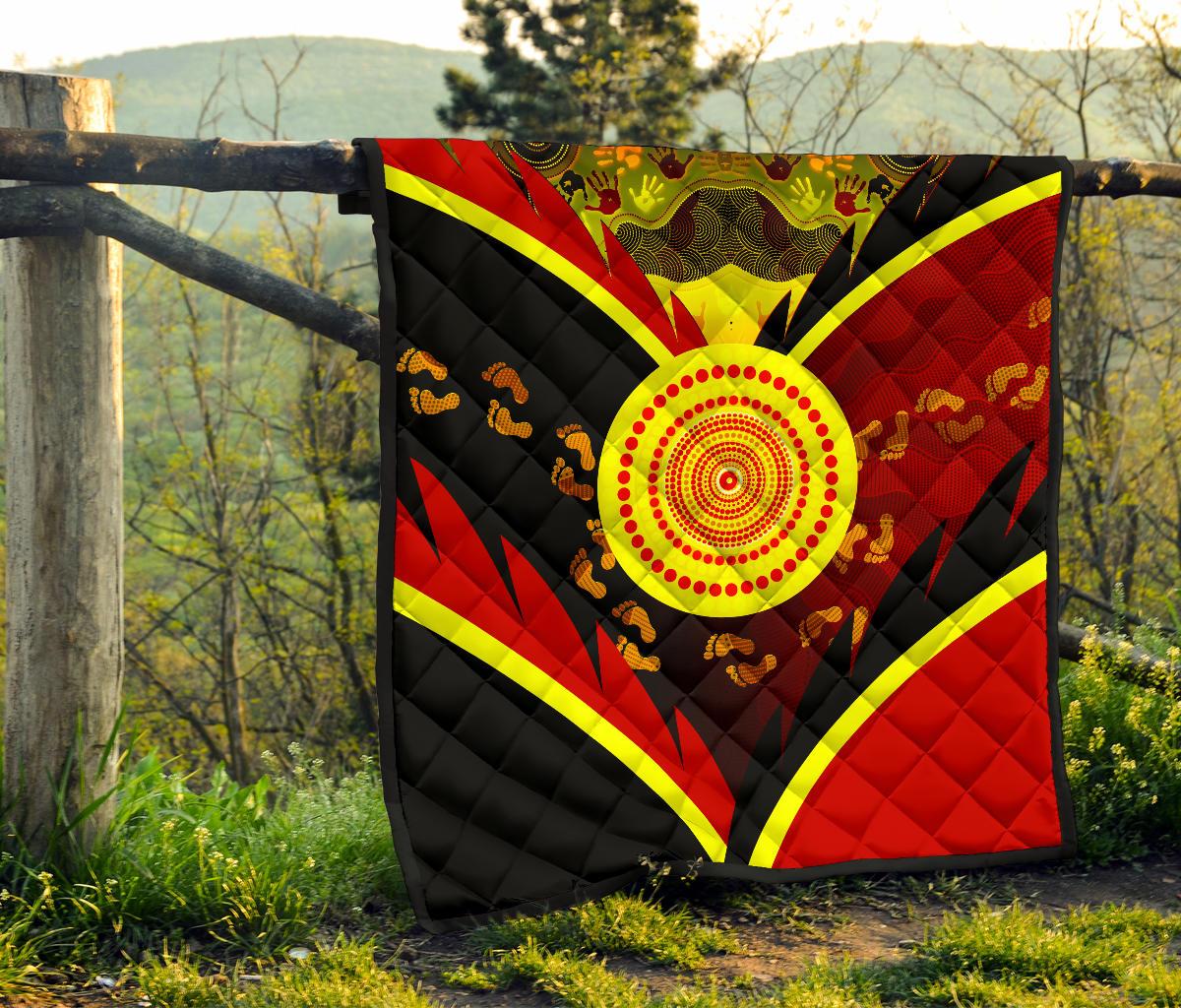 Aboriginal Premium Quilt - Indigenous Flag With Footprint Hand Art - Vibe Hoodie Shop