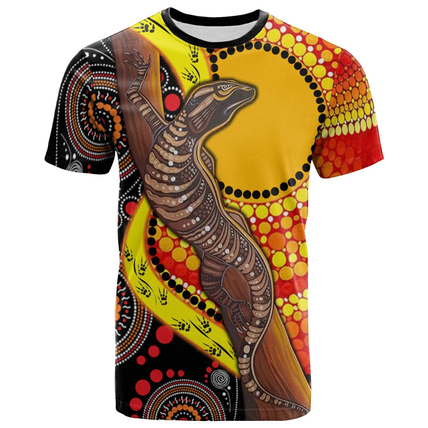 T shirt - Australian Aboriginal Dot Painting Sun and Lizardo - Vibe Hoodie Shop