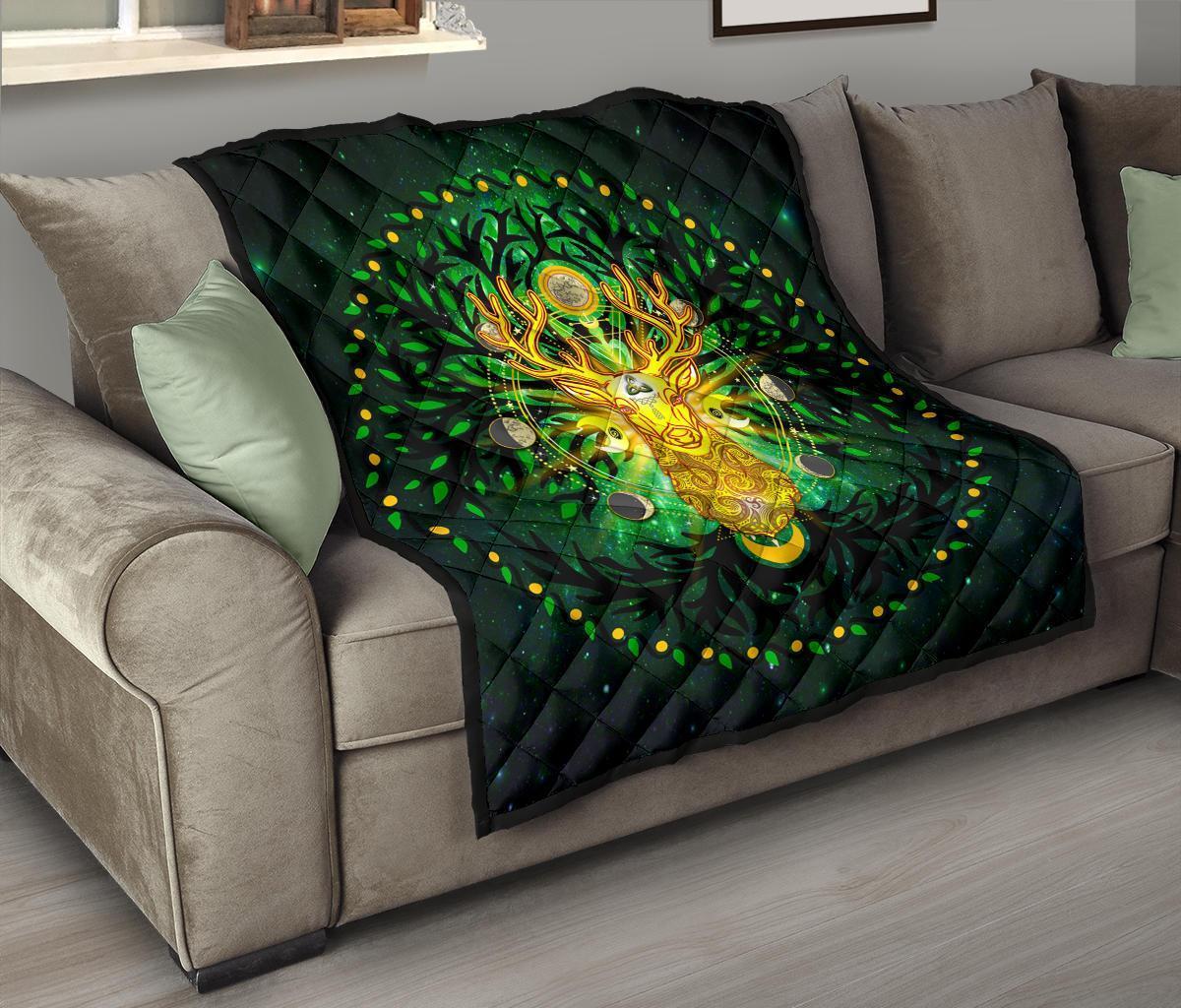 Celtic Pagan Deer Premium Quilt - Moon Phases Deer with Tree of Life - Vibe Hoodie Shop