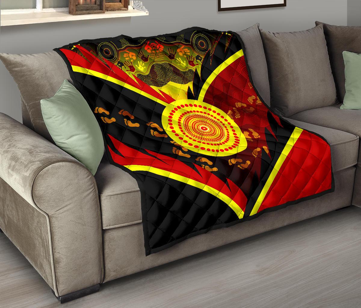 Aboriginal Premium Quilt - Indigenous Flag With Footprint Hand Art - Vibe Hoodie Shop
