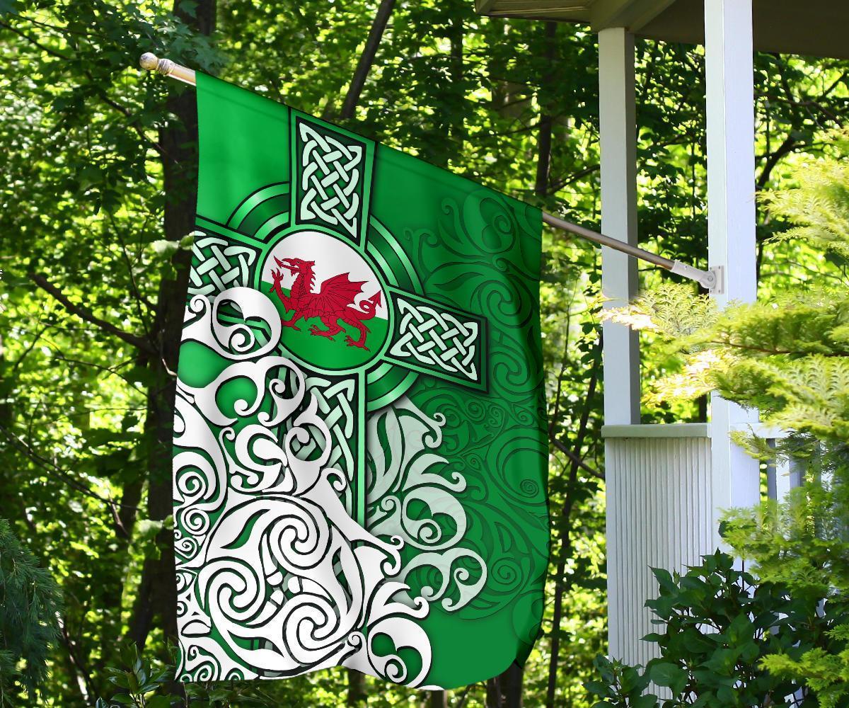 Wales Celtic Flag - Welsh Dragon Flag with Celtic Cross (Green) - Vibe Hoodie Shop