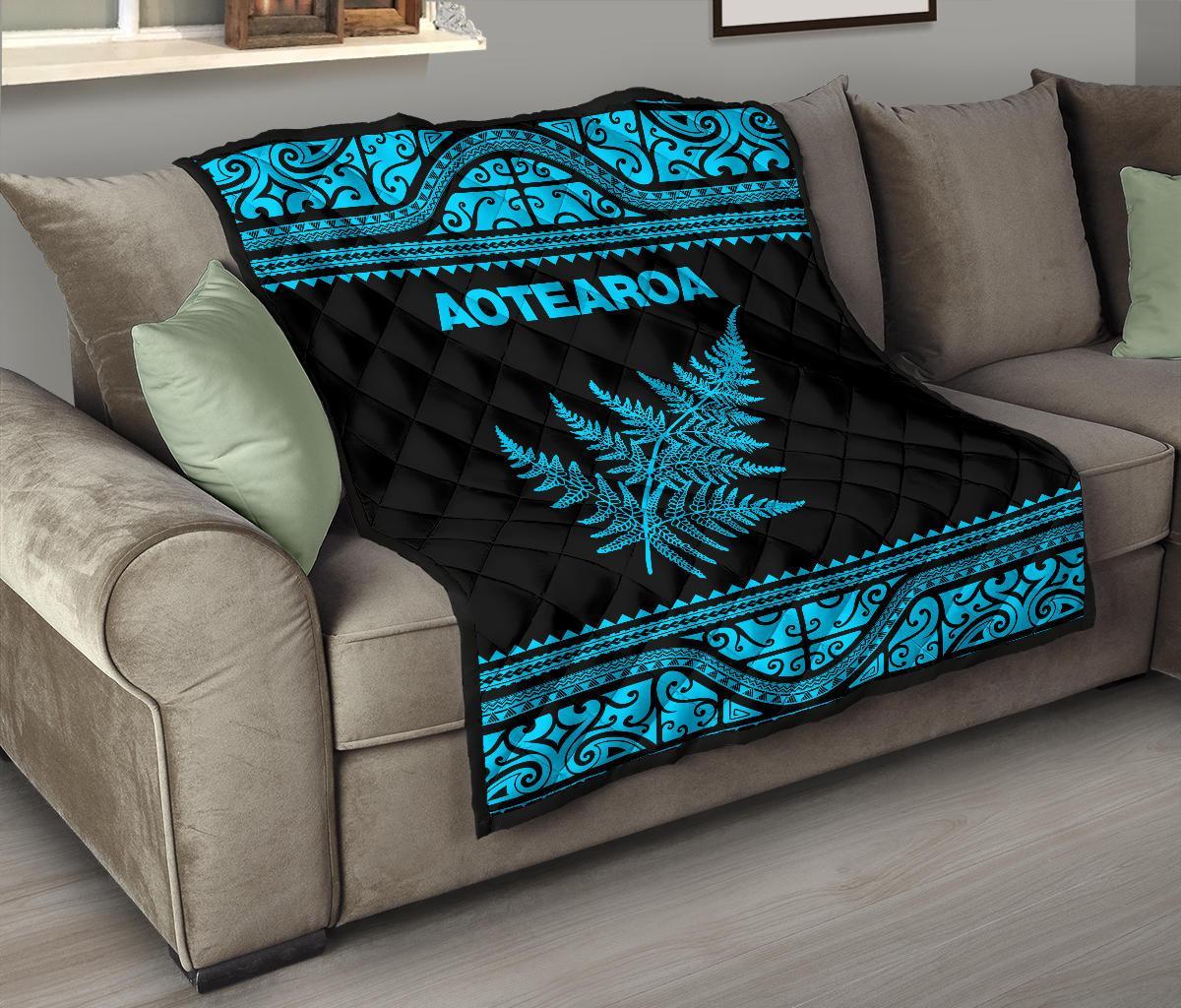 Aotearoa New Zealand Maori Premium Quilt Silver Fern - Blue - Vibe Hoodie Shop