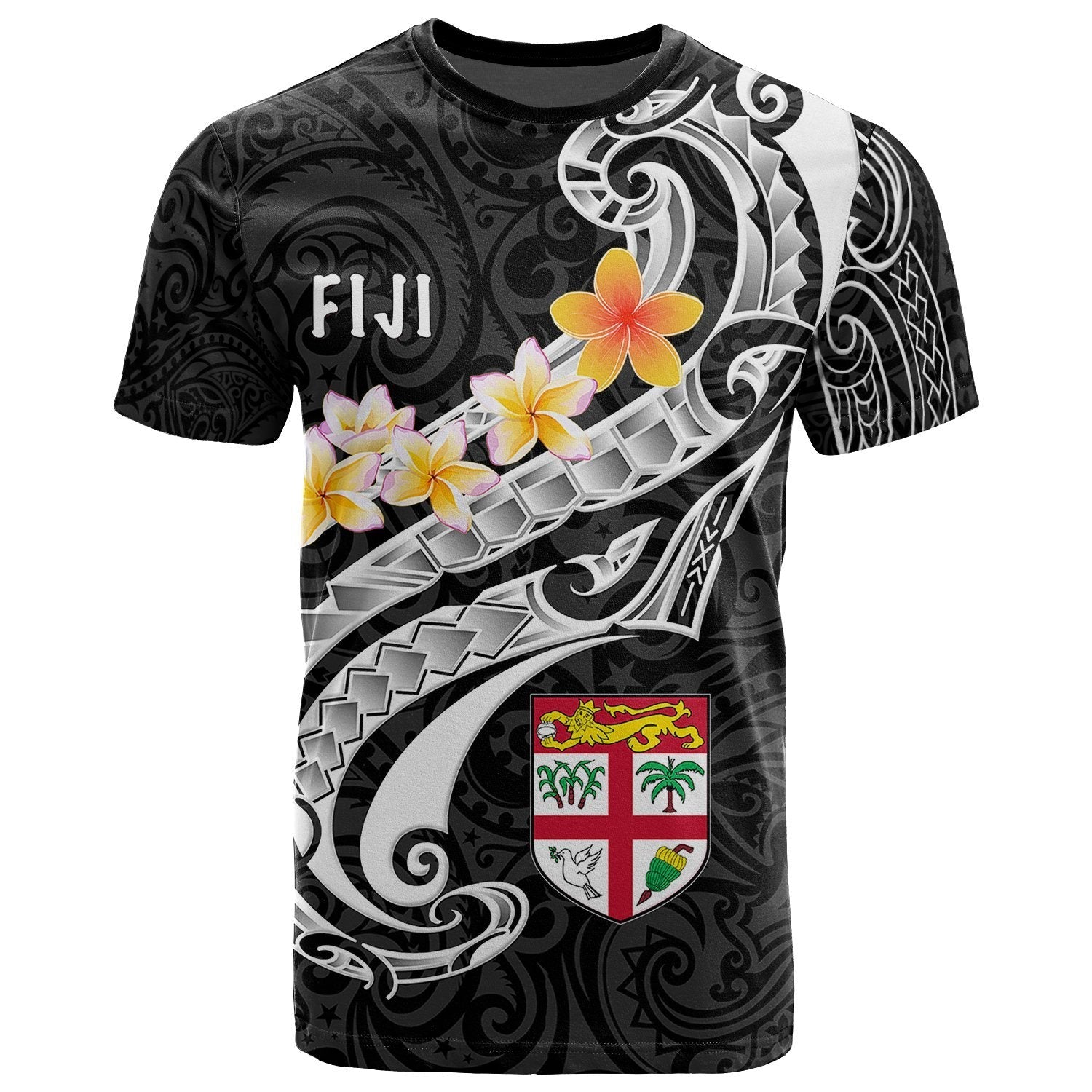Fiji T - Shirt - Fiji Seal Polynesian Patterns Plumeria (Black) - Vibe Hoodie Shop