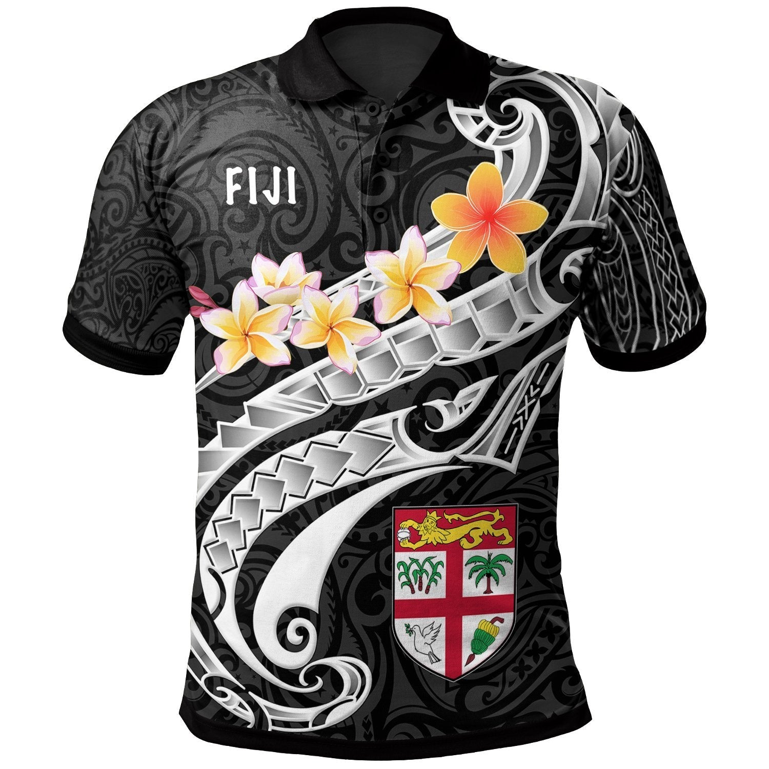 Fiji Polo Shirt - Fiji Seal Polynesian Patterns Plumeria (Black) - Vibe Hoodie Shop