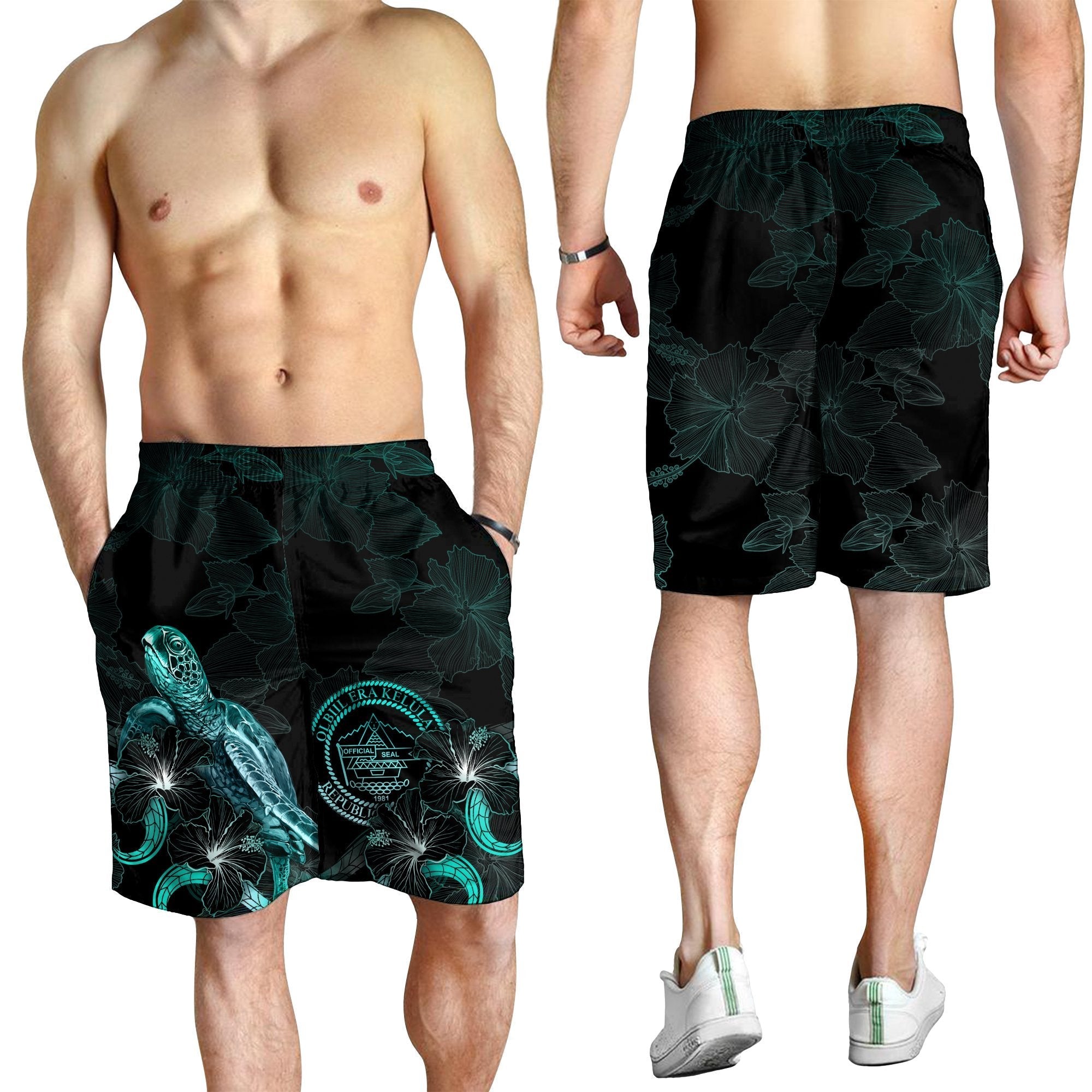 Palau Polynesian Men's Shorts - Turtle With Blooming Hibiscus Turquoise - Vibe Hoodie Shop