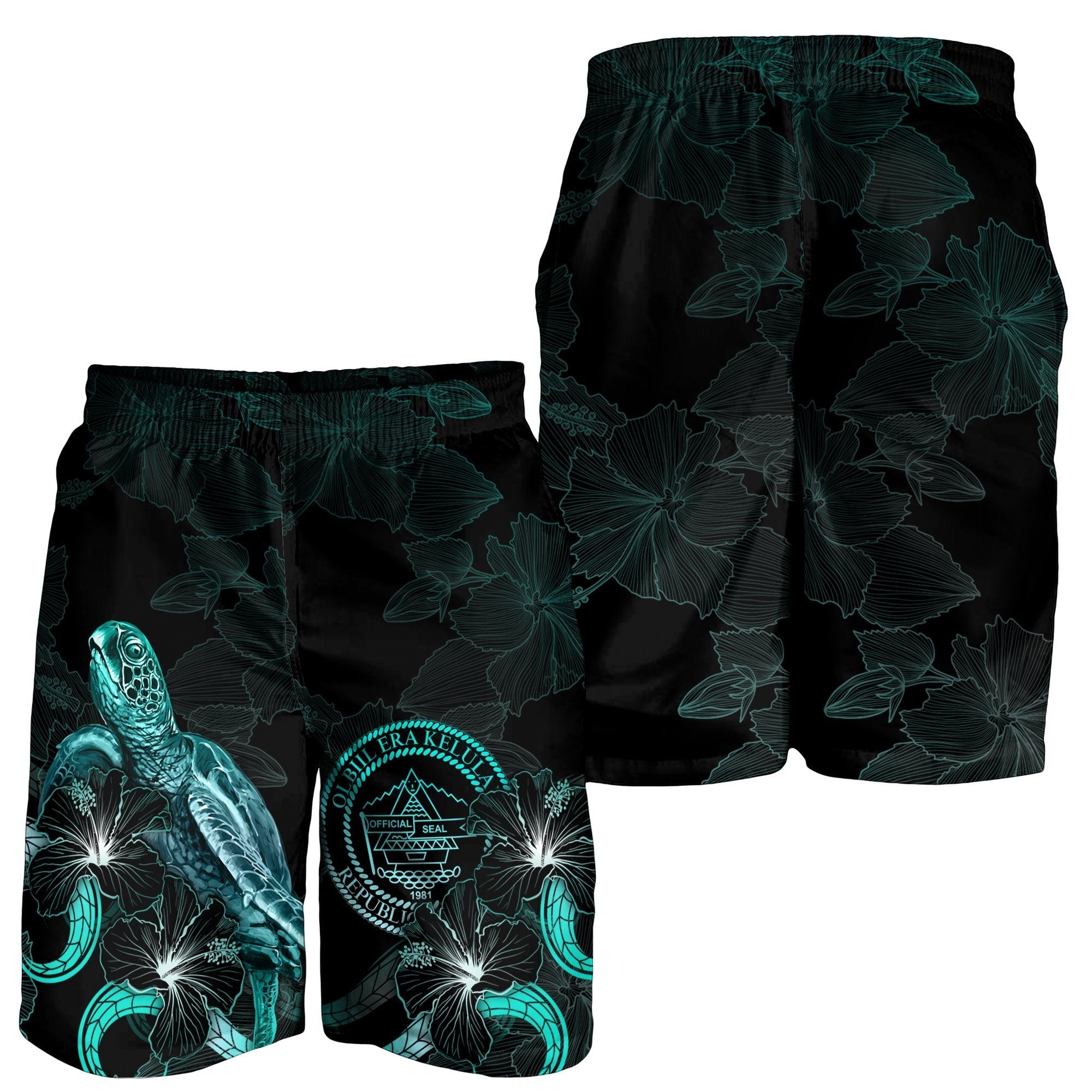 Palau Polynesian Men's Shorts - Turtle With Blooming Hibiscus Turquoise - Vibe Hoodie Shop