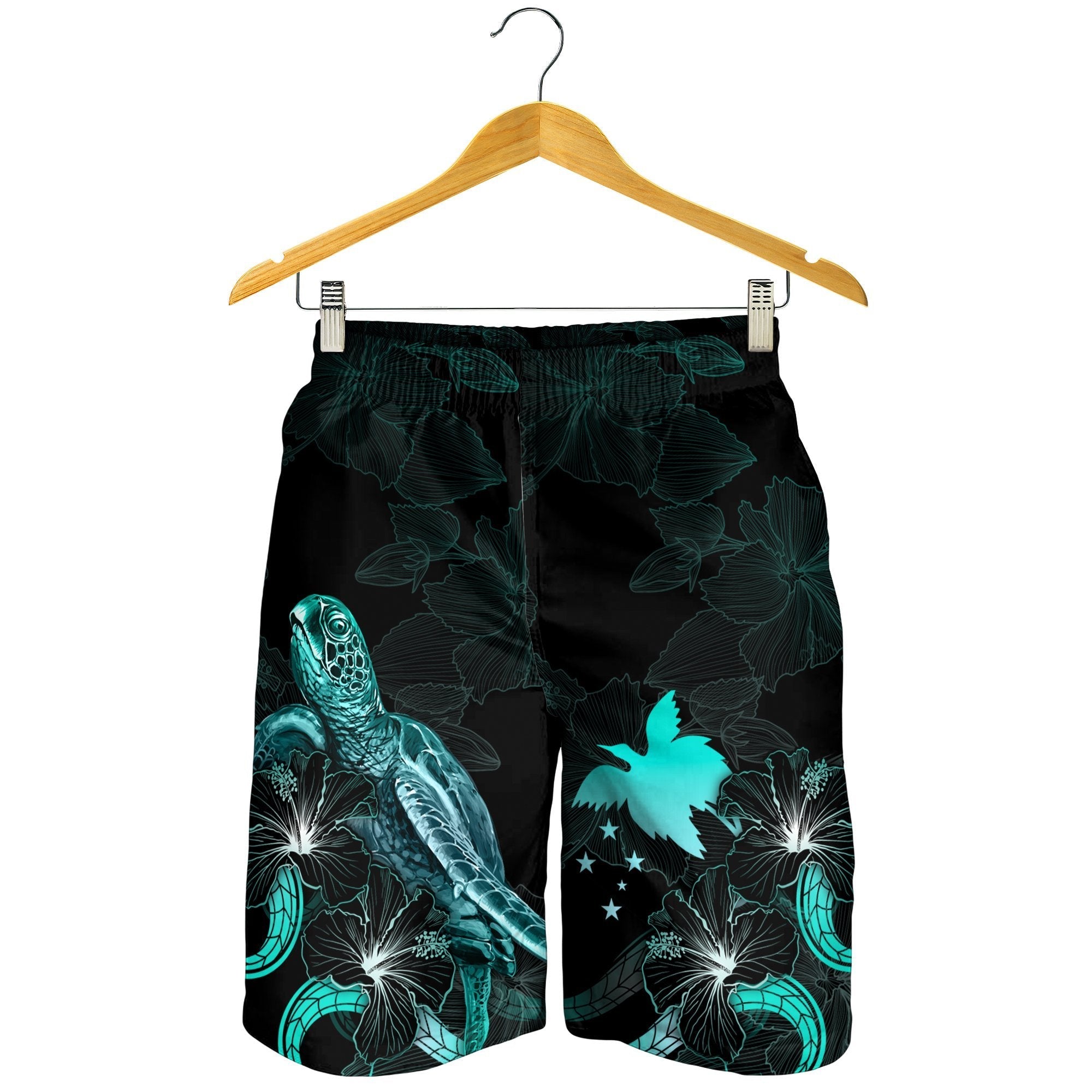 Papua New Guinea Polynesian Men's Shorts - Turtle With Blooming Hibiscus Turquoise - Vibe Hoodie Shop