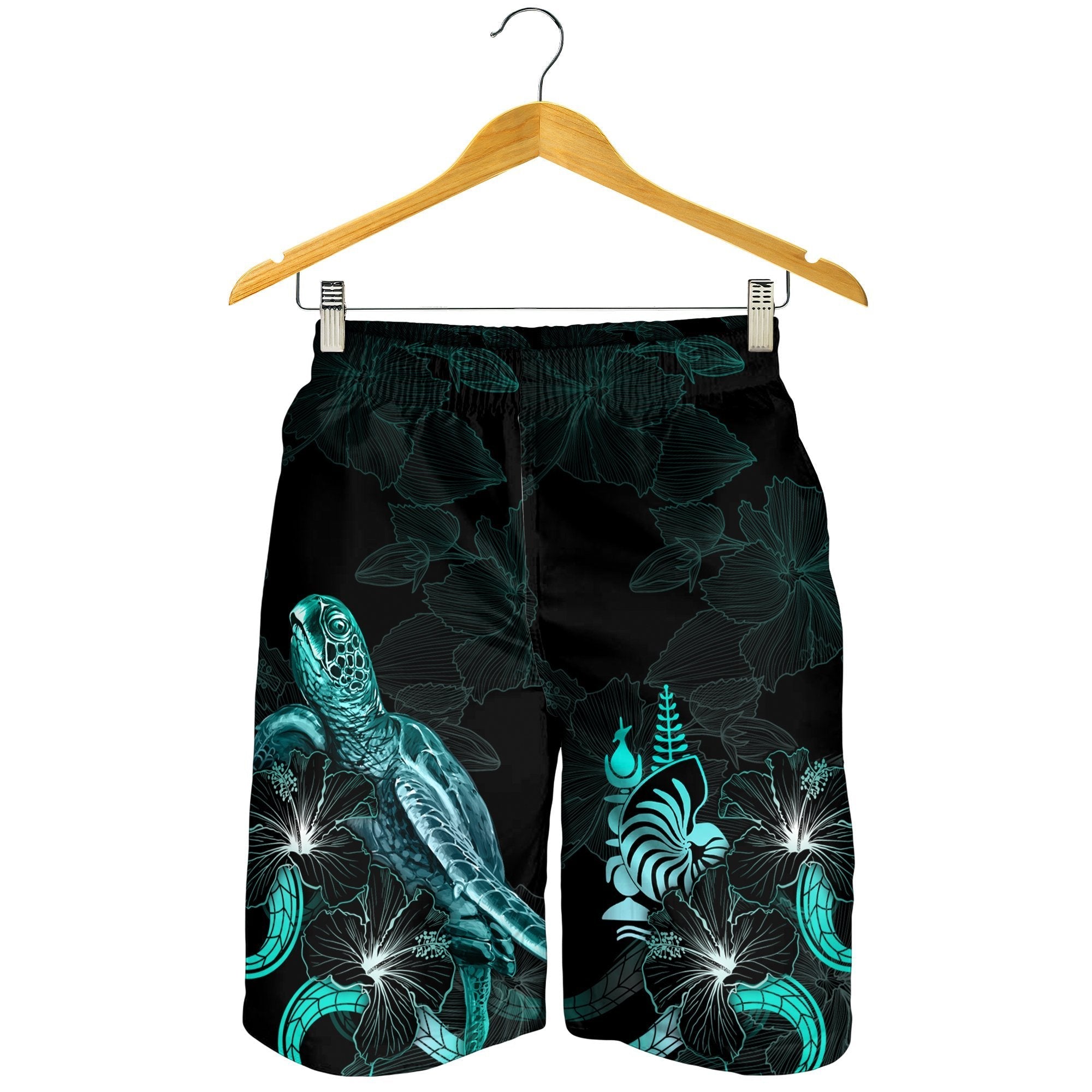 New Caledonia Polynesian Men's Shorts - Turtle With Blooming Hibiscus Turquoise - Vibe Hoodie Shop