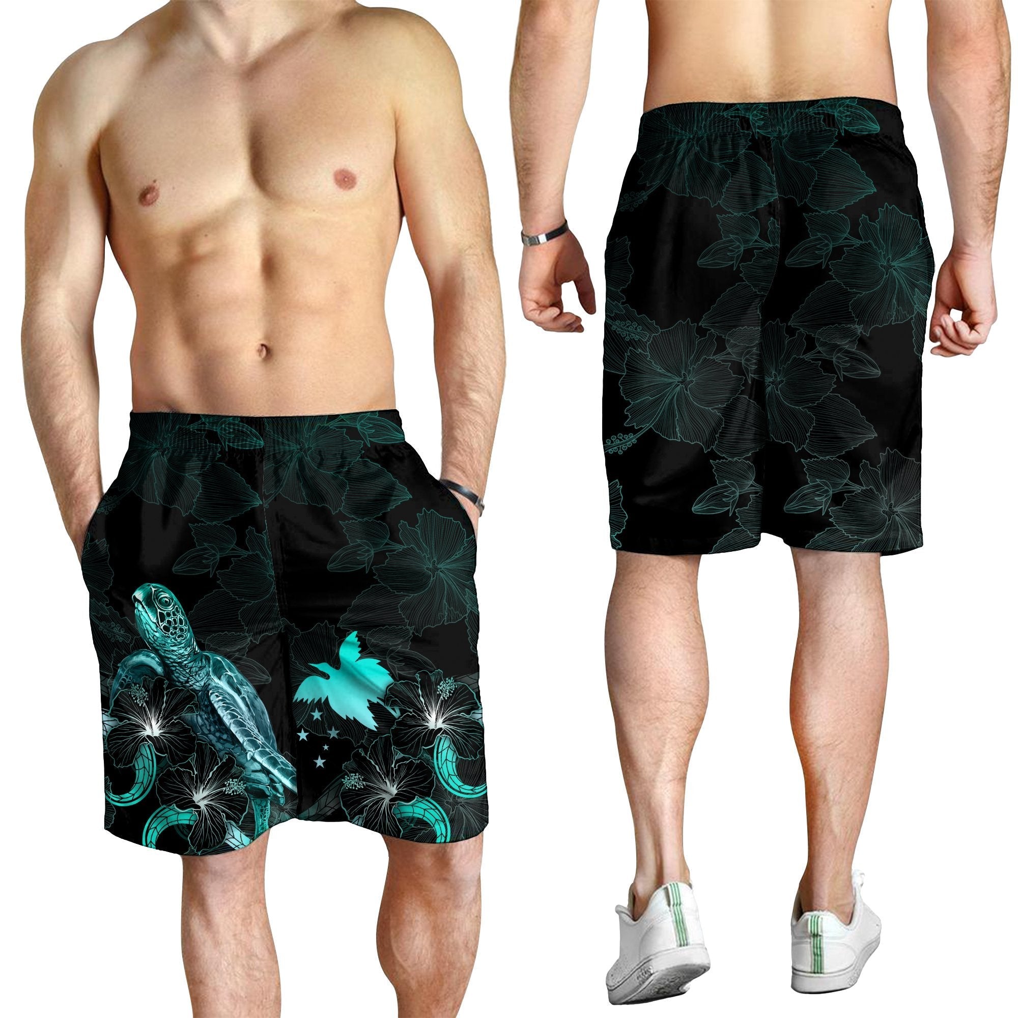 Papua New Guinea Polynesian Men's Shorts - Turtle With Blooming Hibiscus Turquoise - Vibe Hoodie Shop