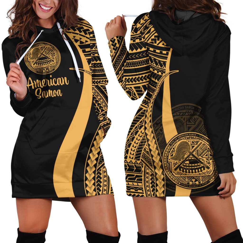 American Samoa Women's Hoodie Dress - Gold Polynesian Tentacle Tribal Pattern - Vibe Hoodie Shop