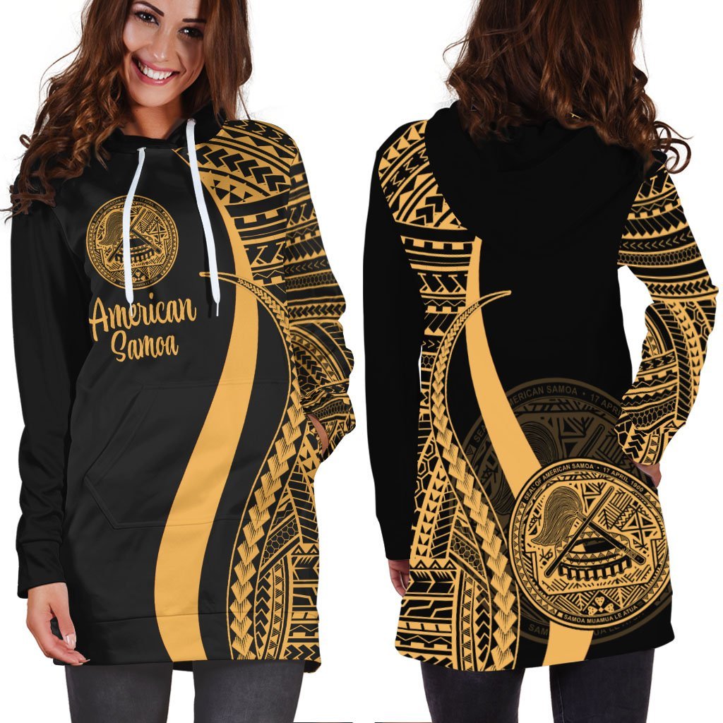 American Samoa Women's Hoodie Dress - Gold Polynesian Tentacle Tribal Pattern - Vibe Hoodie Shop