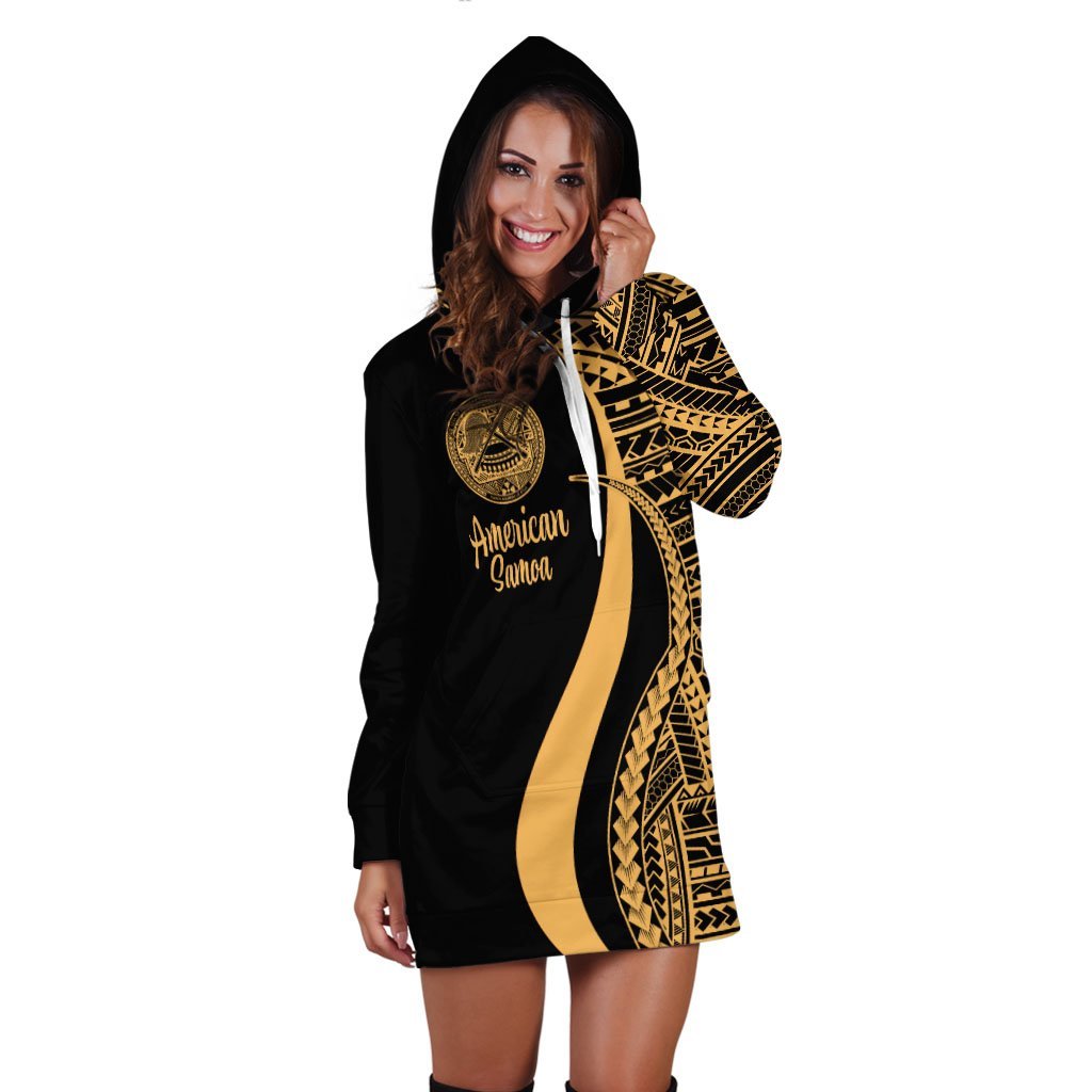 American Samoa Women's Hoodie Dress - Gold Polynesian Tentacle Tribal Pattern - Vibe Hoodie Shop