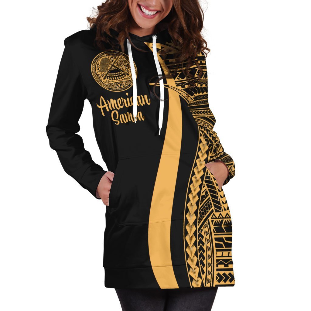 American Samoa Women's Hoodie Dress - Gold Polynesian Tentacle Tribal Pattern - Vibe Hoodie Shop