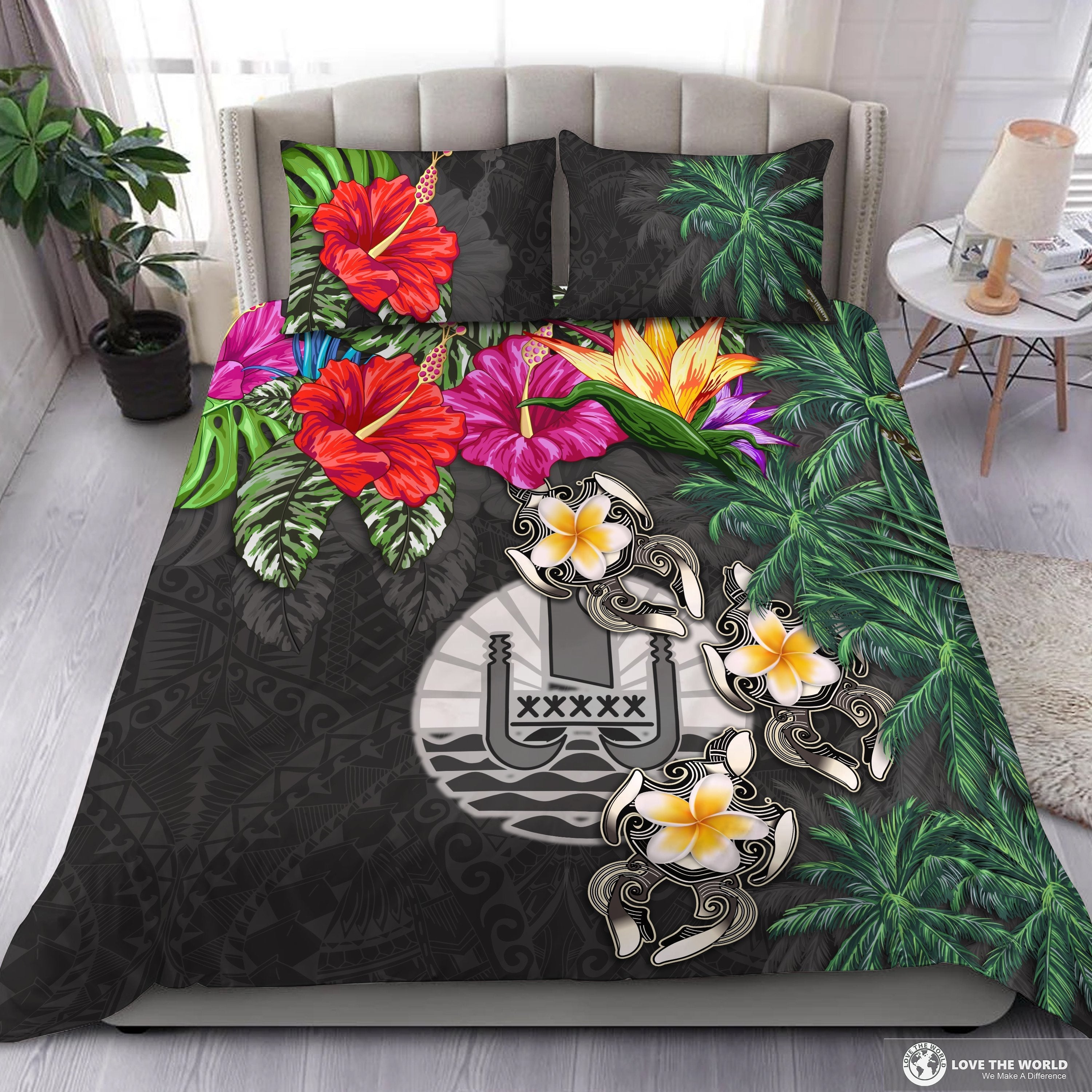 Tahiti Bedding Set - Hibiscus Turtle Tattoo Gray - Vibe Hoodie Shop