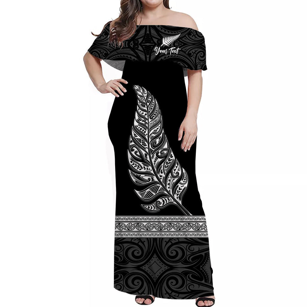 (Custom Personalised) New Zealand Off Shoulder Long Dress Maori Pattern Silver Fern Black - Vibe Hoodie Shop