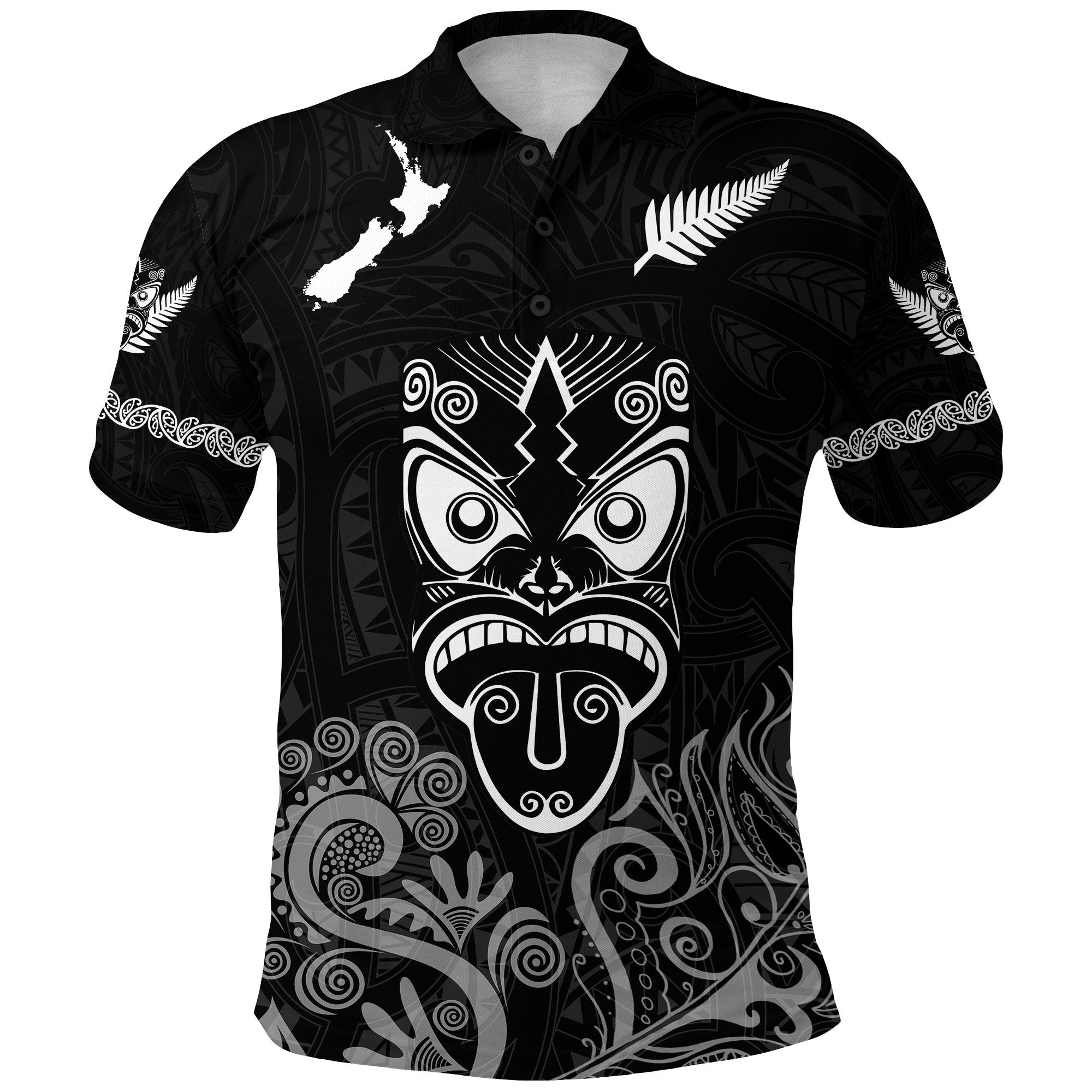 Maori Aotearoa Rugby Haka Polo Shirt New Zealand Silver Fern - Black - Vibe Hoodie Shop