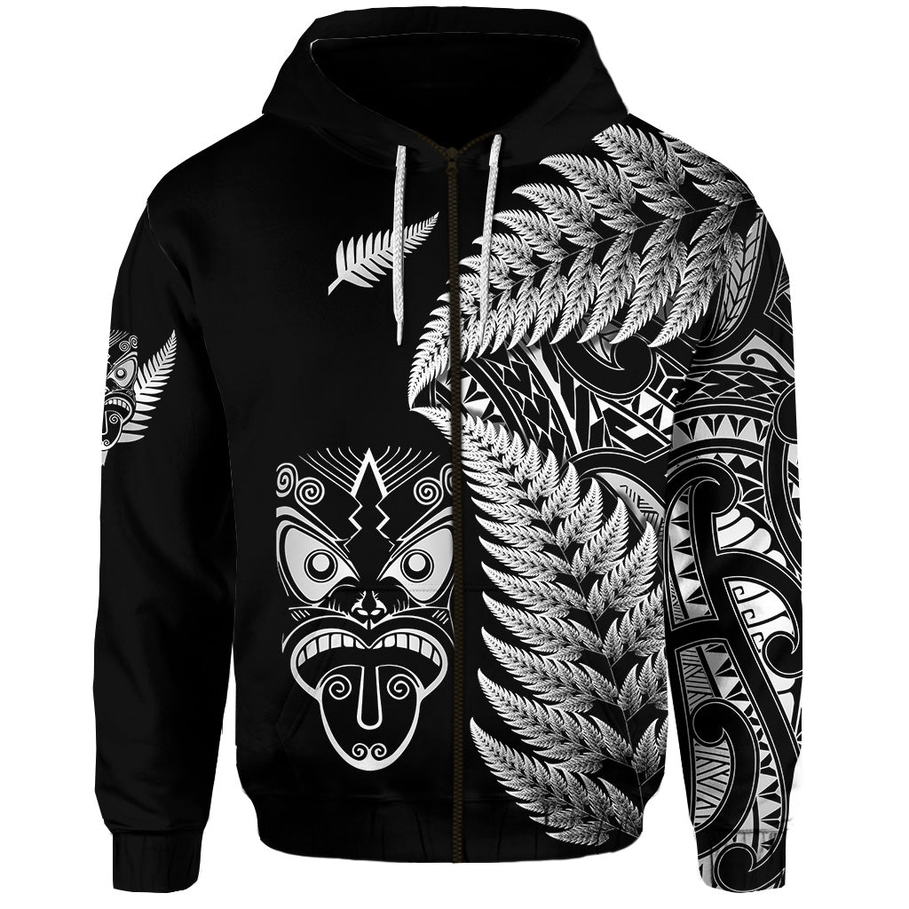 New Zealand Haka Rugby Maori Zip Hoodie Silver Fern Vibes - Black LT8 - Vibe Hoodie Shop