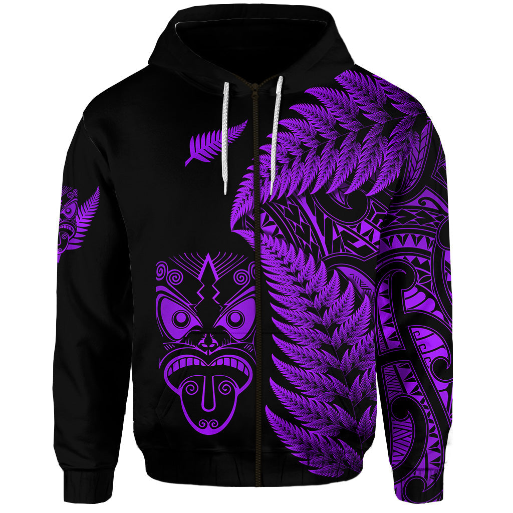 New Zealand Haka Rugby Maori Zip Hoodie Silver Fern Vibes - Purple LT8 - Vibe Hoodie Shop