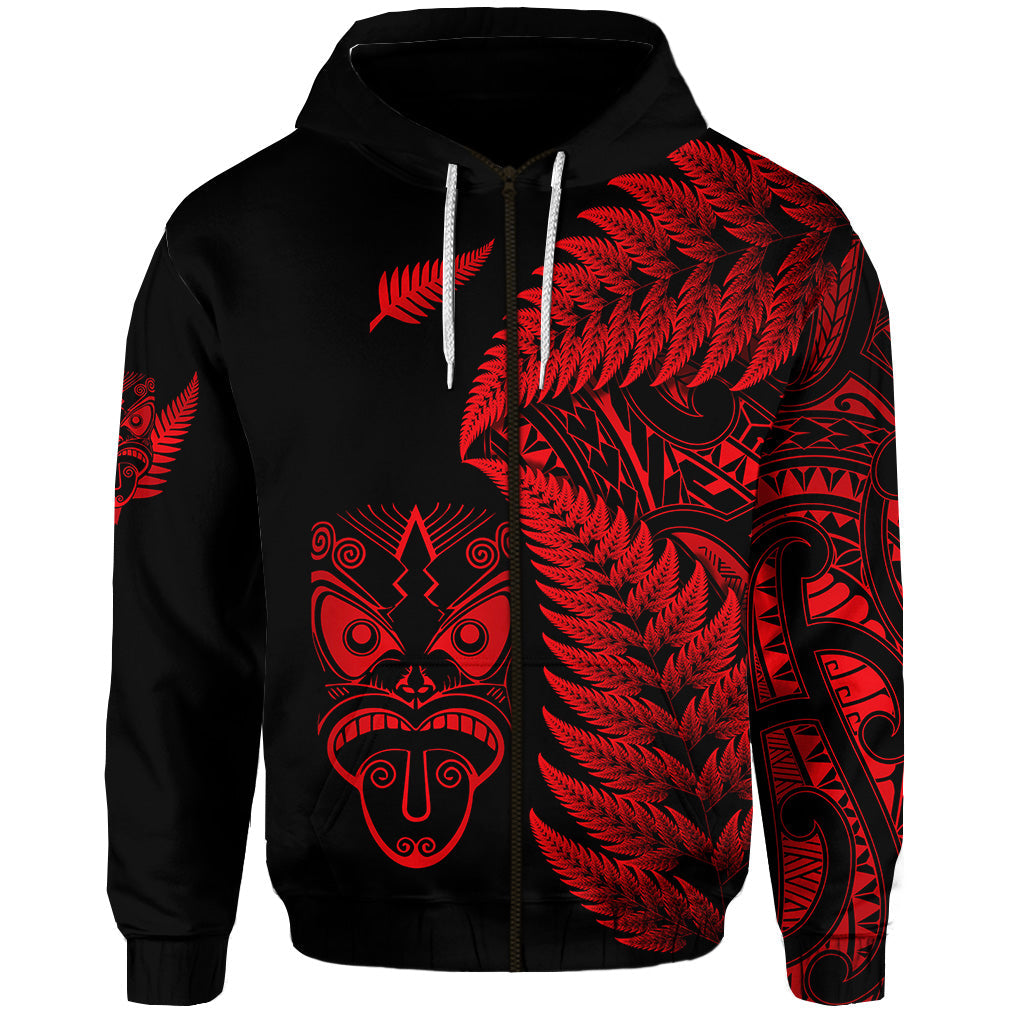 New Zealand Haka Rugby Maori Zip Hoodie Silver Fern Vibes - Red LT8 - Vibe Hoodie Shop