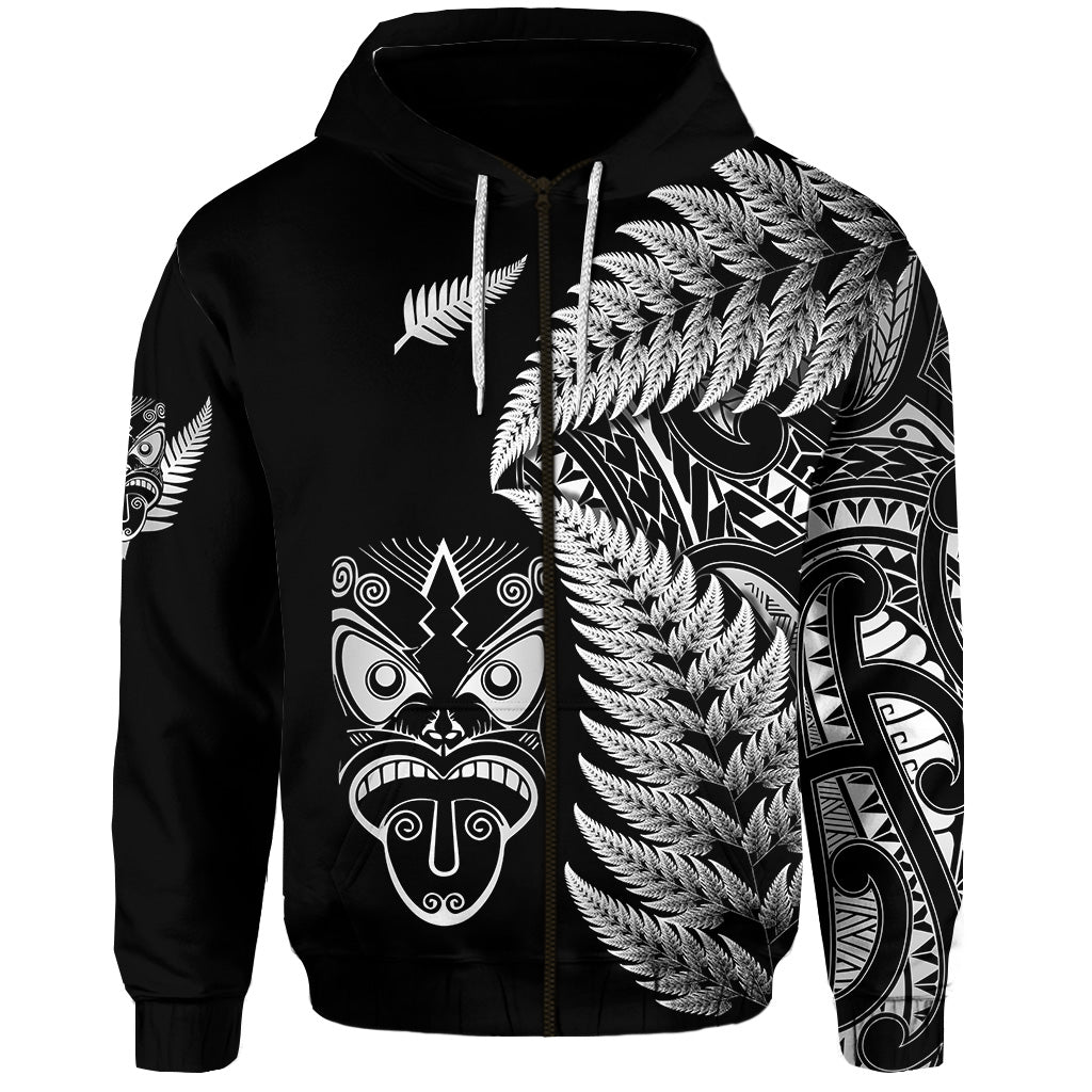 (Custom Personalised) New Zealand Haka Rugby Maori Zip Hoodie Silver Fern Vibes - Black LT8 - Vibe Hoodie Shop