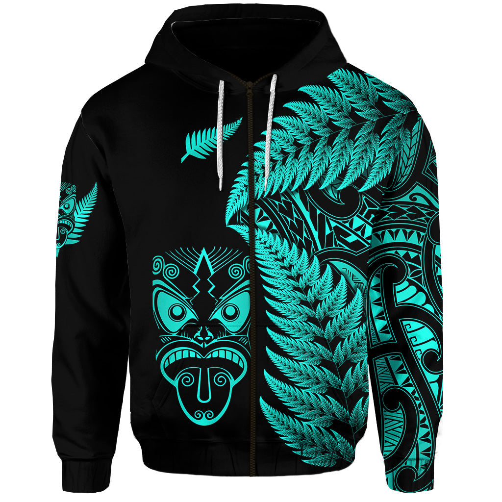 New Zealand Haka Rugby Maori Zip Hoodie Silver Fern Vibes - Turquoise LT8 - Vibe Hoodie Shop