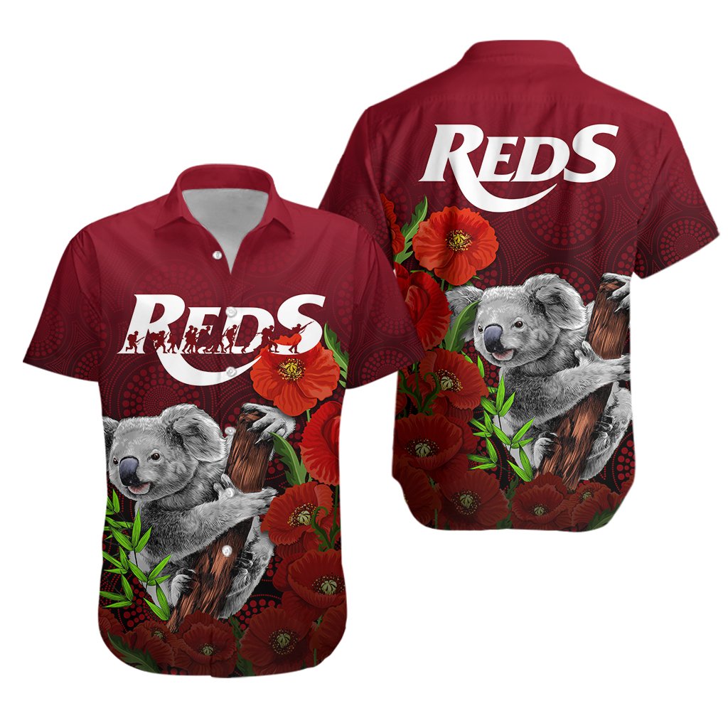 Queensland Reds Rugby Hawaiian Shirt Poppy Koala ANZAC Day - Vibe Hoodie Shop