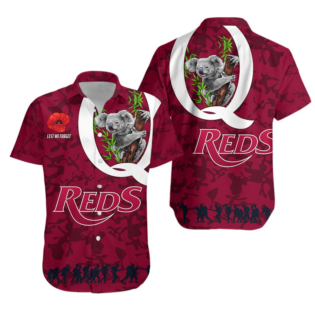 Queensland Reds Rugby Hawaiian Shirt Koala ANZAC Day - Vibe Hoodie Shop