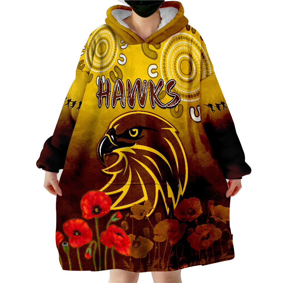 Hawks ANZAC 2022 Hawthorn Football Aboriginal Poppy Wearable Blanket Hoodie - Vibe Hoodie Shop