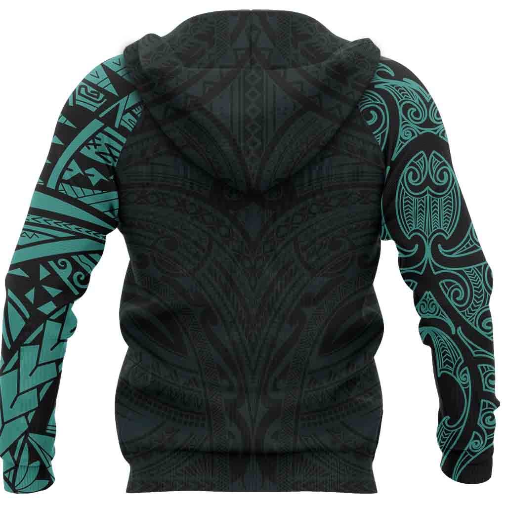 New Zealand Zip Hoodie, Maori Polynesian Tattoo Turquoise - Vibe Hoodie Shop