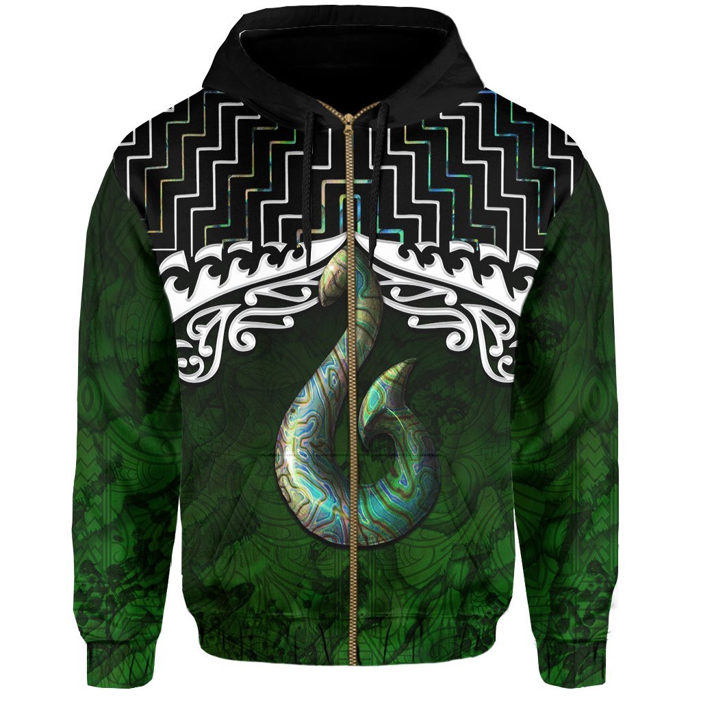 New Zealand Maori Zip Up Hoodie, Poutama Hei Matau Paua Shell Zipper Hoodie - Vibe Hoodie Shop