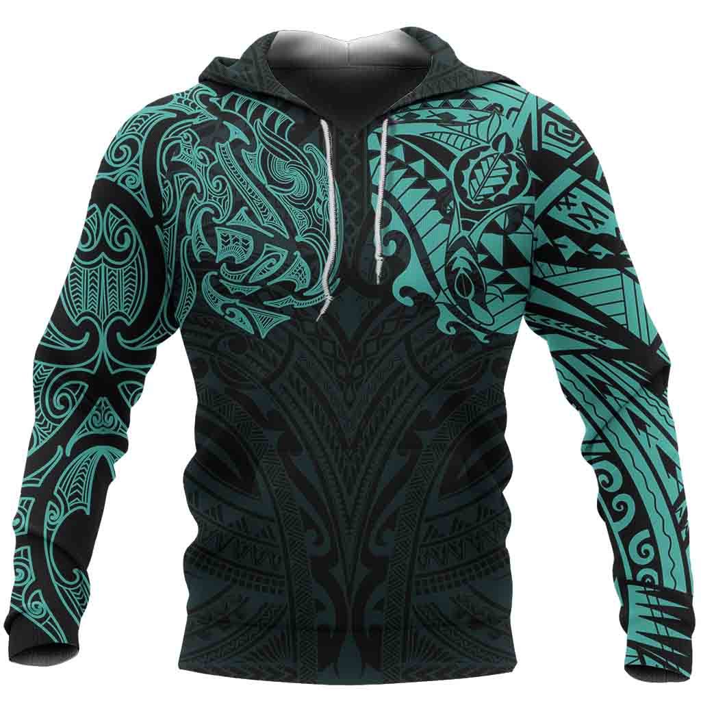 New Zealand Hoodie, Maori Polynesian Tattoo Turquoise - Vibe Hoodie Shop