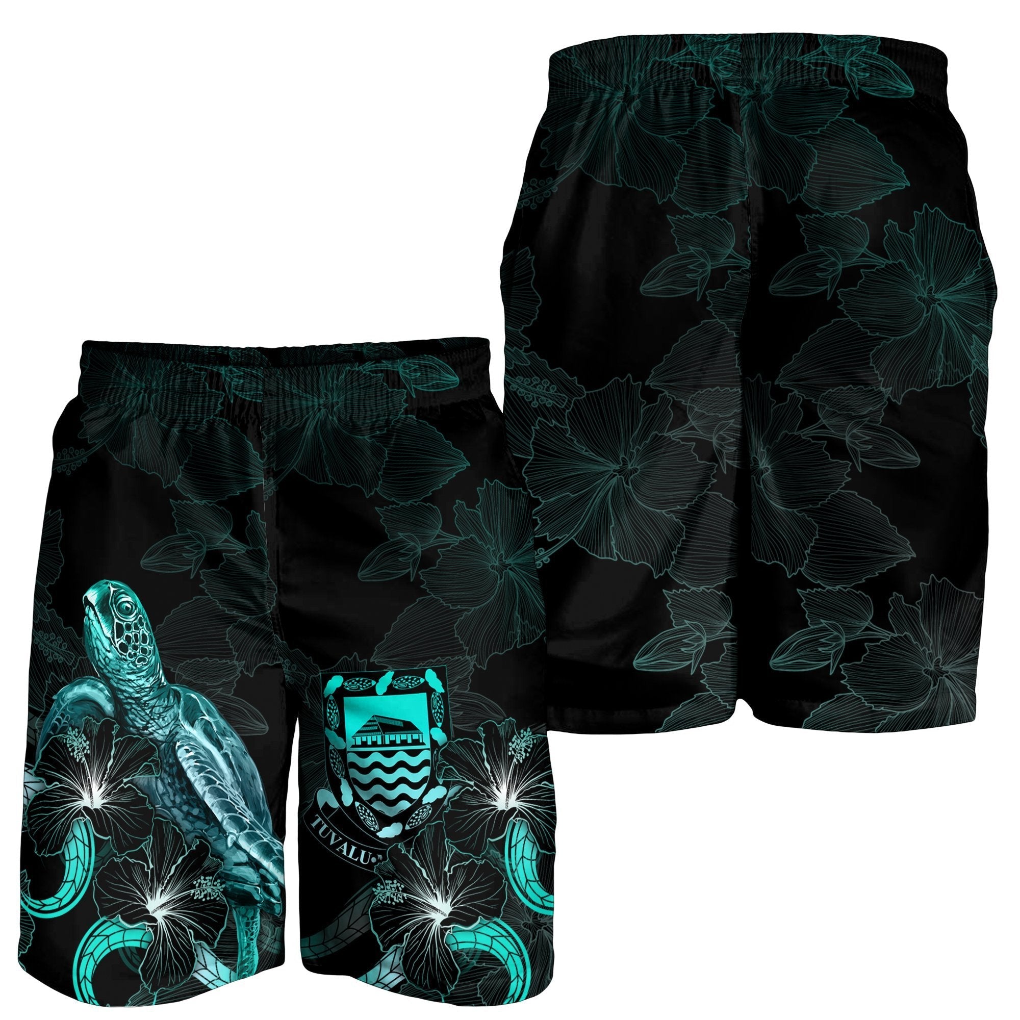 Tuvalu Polynesian Men's Shorts - Turtle With Blooming Hibiscus Turquoise - Vibe Hoodie Shop