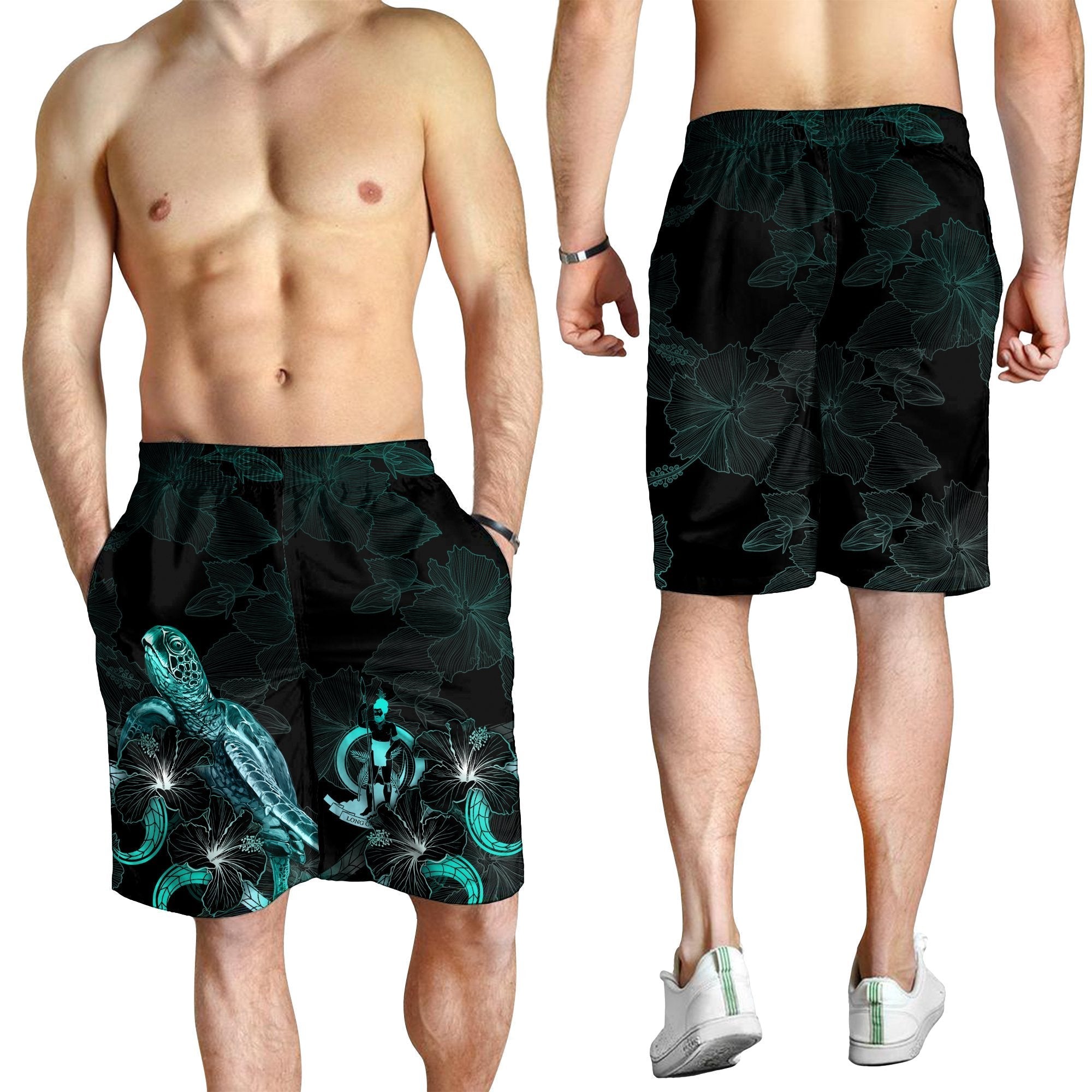 Vanuatu Polynesian Men's Shorts - Turtle With Blooming Hibiscus Turquoise - Vibe Hoodie Shop